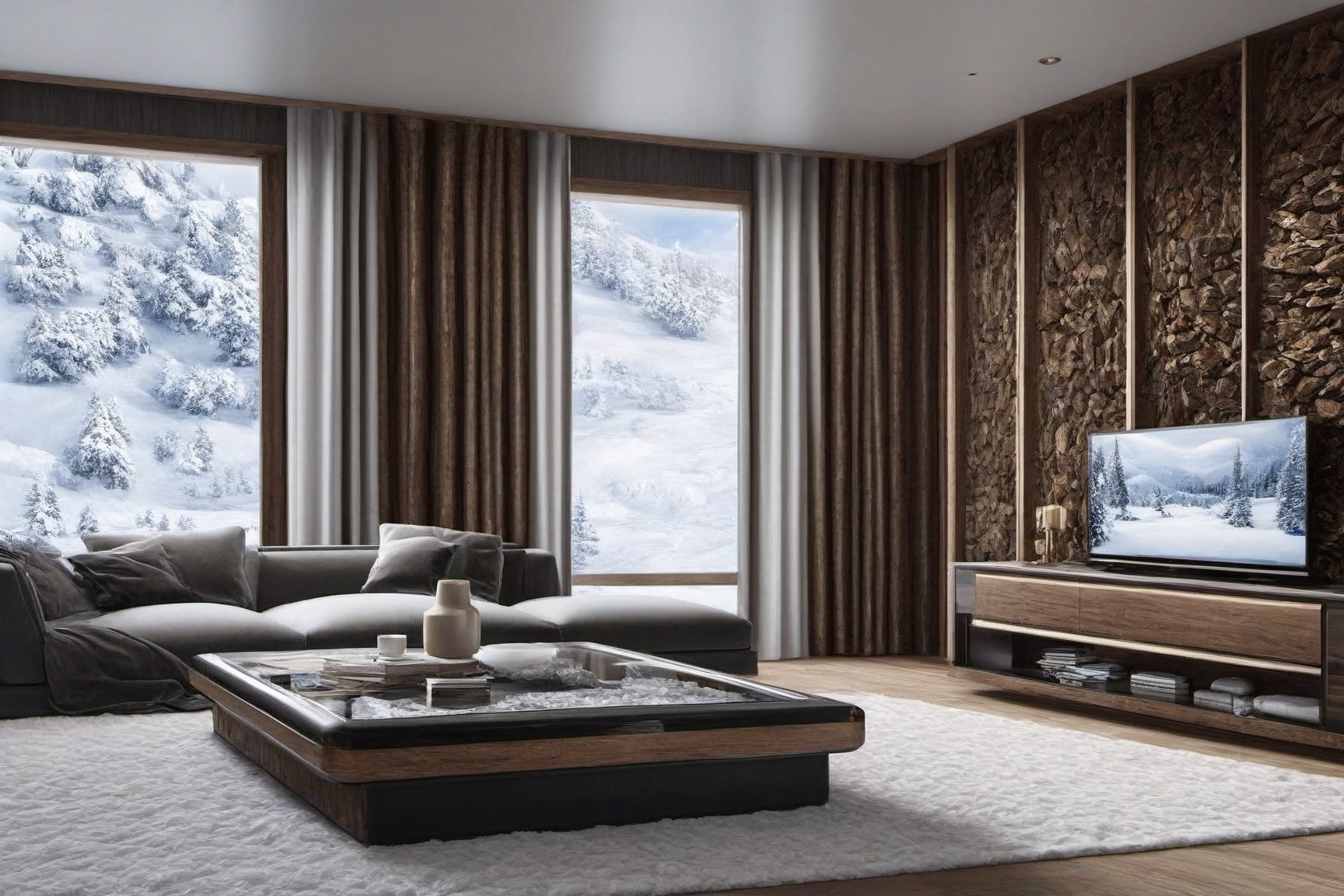 A ultra-realistic photo of livingroom in winder resort cabin,indoors,(luxurious furnitures including table,sofa,stand airconditioner,wall-mounted screen),curtains,window,snow,tree,luxurious,trending on artstation,hyper detailed,16K,HDR,hyper-realistic,sharp focus,high contrast,by Karol Bak and Gustav Klimt,w1nter res0rt,art_booster,H effect