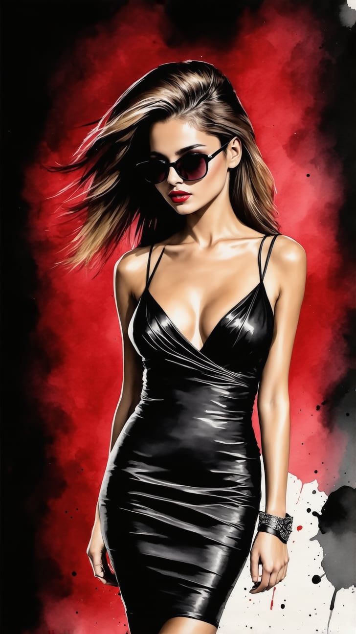 a beautiful 20yo model girl  standing in a photo studio,detailed exquisite face,sunglasses,Zendaya lookalike,elegant dress,medium breasts,perfect female form,[model body],

Frank Miller's Sin City style,ink art,watercolor,splash, chiaroscuro lighting,ek_art_b00ster,ek_1nk_art,(dark:1.3),score_9,score_8_up,score_7_up