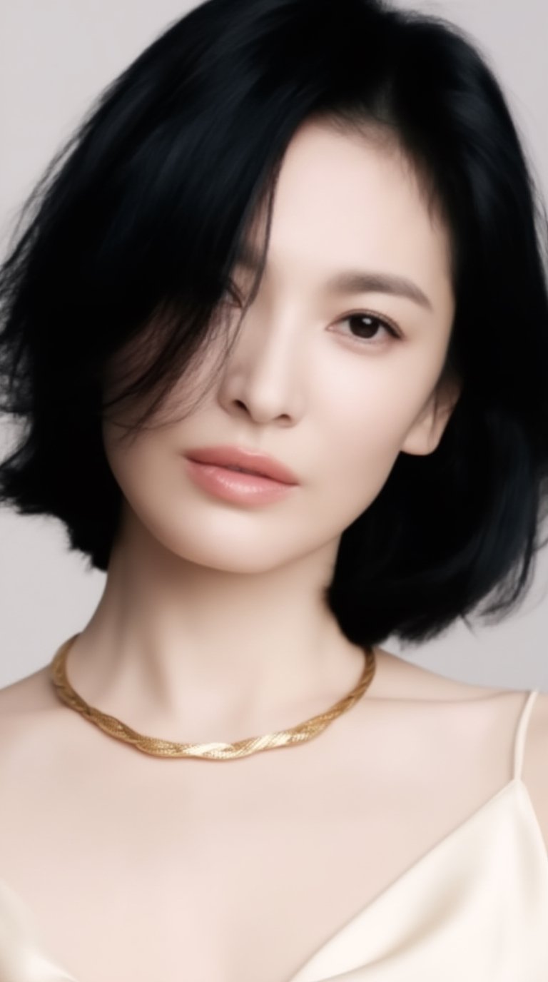 A luxury jewelry editorial close-up portrait of a refined 20yo woman with tousled short black hair,  softly textured and s...