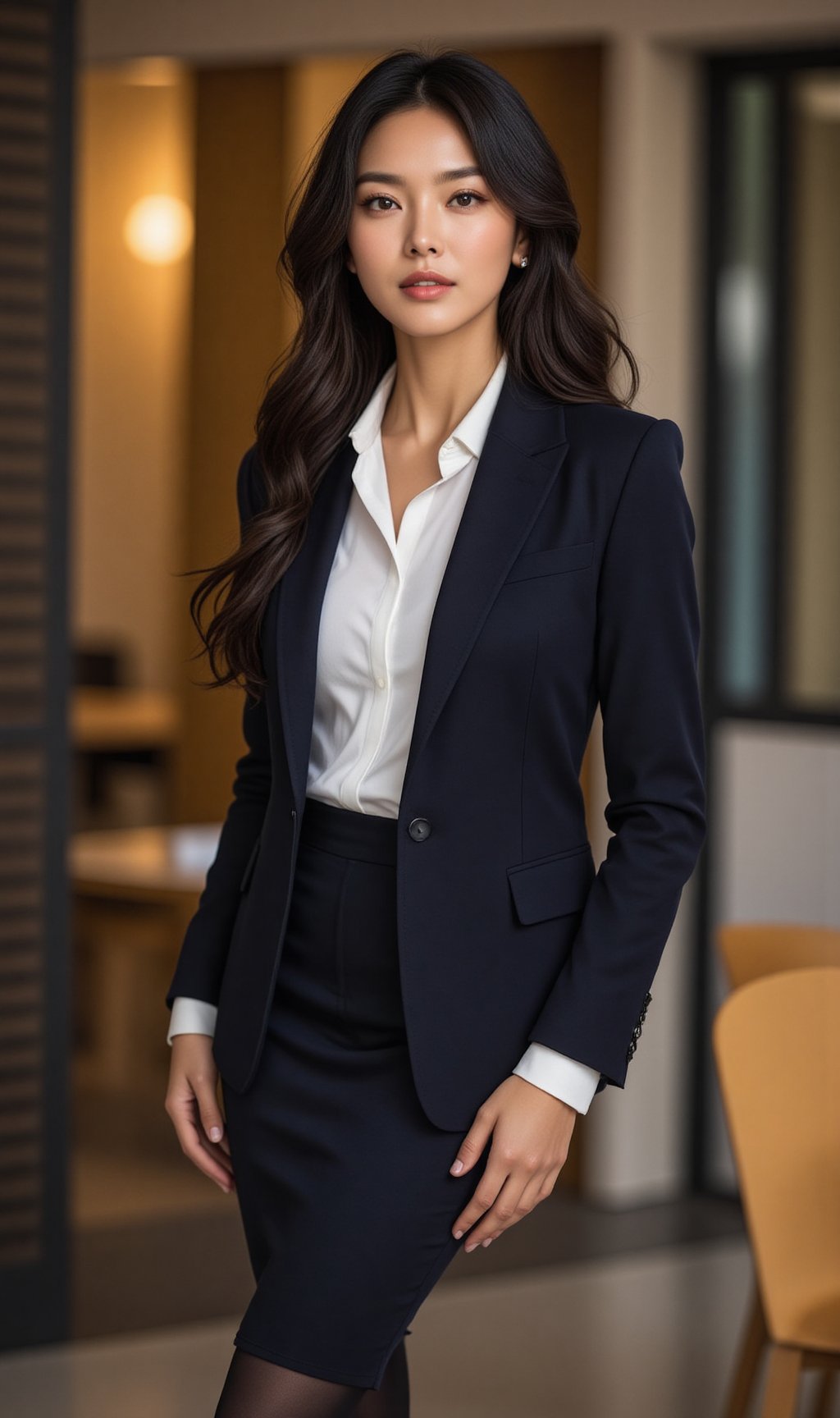 A stunning and elegant young female lawyer stands confidently, exuding both beauty and professionalism. She wears a tailored black blazer over a sleek white blouse, paired with a pencil skirt that accentuates her poised, powerful presence. Her long, glossy hair falls perfectly over her shoulders, while subtle makeup enhances her natural features, giving her a sophisticated, yet alluring charm. A pair of stylish high heels and minimalistic silver jewelry complete her look. With a sharp, focused expression and graceful posture, she radiates intelligence, ambition, and undeniable allure. ek_ph0t0_b00ster,ek_g1rl_02