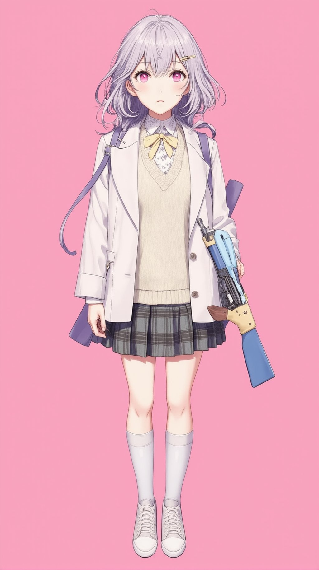 Anime of 1girl, solo, long hair, looking at viewer, bangs, skirt, simple background, shirt, hair ornament, long sleeves, pink background, bow, holding, twintails, closed mouth, school uniform, standing, jacket, full body, weapon, ahoge, grey hair, multicolored hair, pleated skirt, open clothes, shoes, socks, hairclip, bowtie, pink eyes, bag, holding weapon, open jacket, streaked hair, gun, plaid, kneehighs, white jacket, backpack, white socks, holding gun, rifle, yellow bow, sweater vest. (anime style by makoto shinkai:1.3), ek_an1_b00ster,ek_g1rl_02