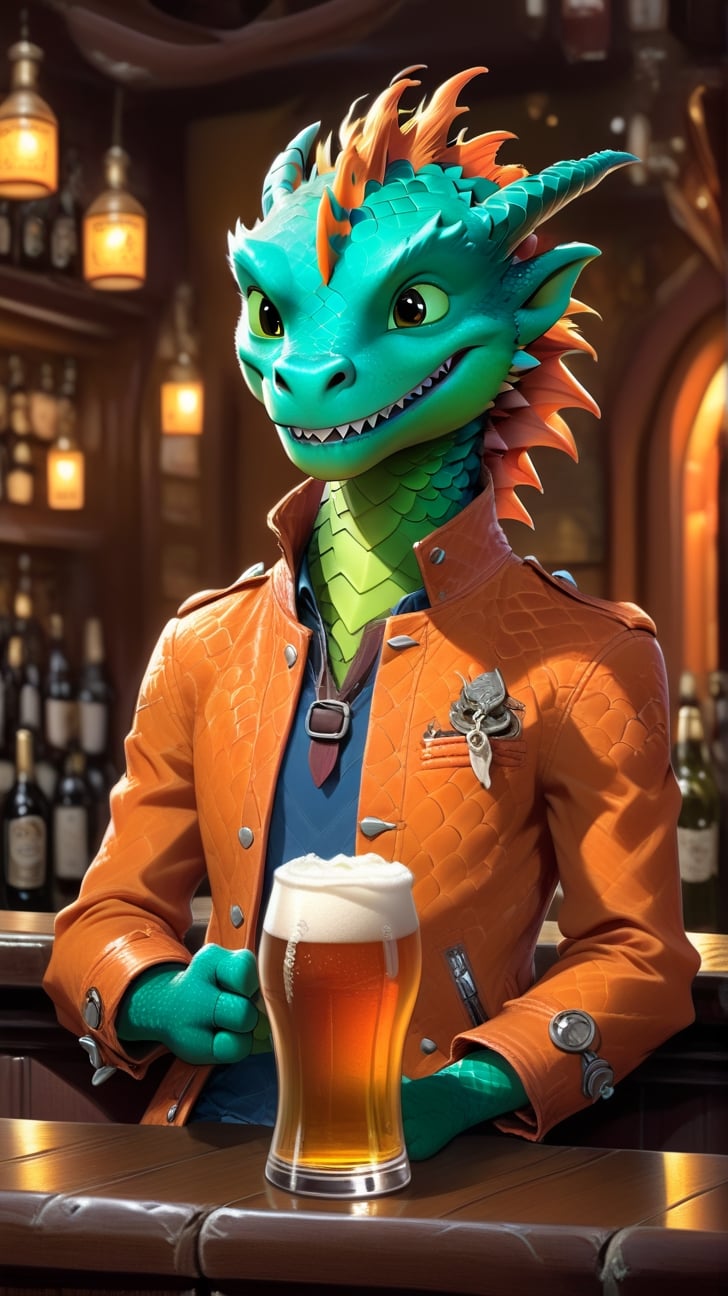 Cartoon: a very cute and young-looking dragon boy,in a bar,drinking wine and beer,orange jacket,cheerful,complex backdrop,cinematic lighting,rule of thirds,depth of perspective,trending on artstation,(hyper-realistic,Ultra-detailed,sharp focus,high contrast,HDR,masaterpiece),(fullbody:1.3),dragon_h,art_booster, real_booster