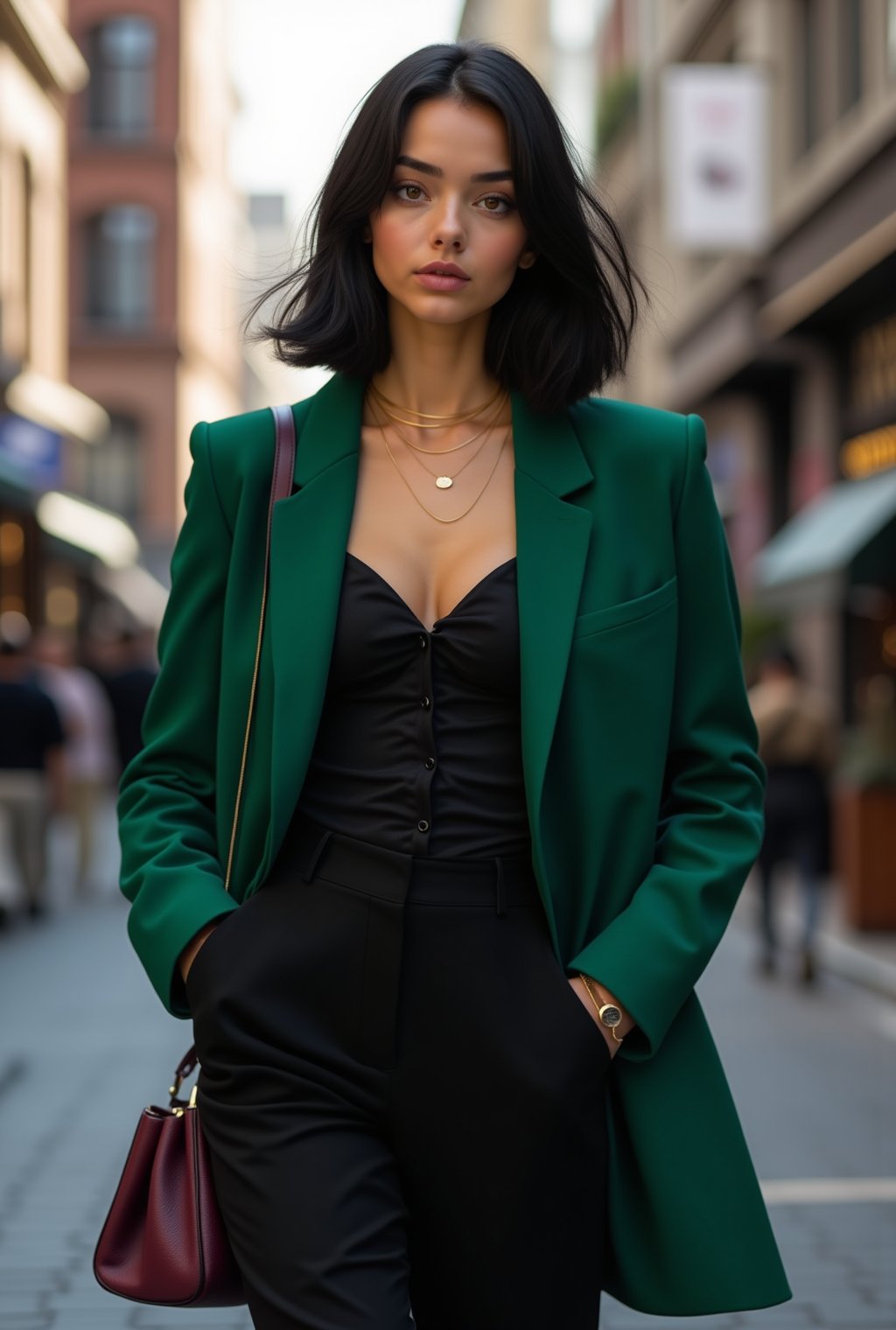 A stunning 20-year-old woman with a modern, sophisticated style, confidently walking through a trendy urban district. Her jet-black hair is cut into a sleek, chin-length bob that frames her face perfectly, highlighting her sharp, elegant features and almond-shaped hazel eyes.

She wears a tailored, emerald green blazer over a simple, black silk camisole, paired with high-waisted, black trousers that elongate her legs. On her feet are stylish, pointed-toe ankle boots in a soft suede. A delicate, gold chain rests at her collarbone, catching the sunlight, while a small, designer crossbody bag in deep burgundy adds a pop of color. Her expression is calm yet purposeful, exuding an aura of confidence and sophistication as she navigates the lively streets with effortless grace.ek_ph0t0_b00ster,ct-identity