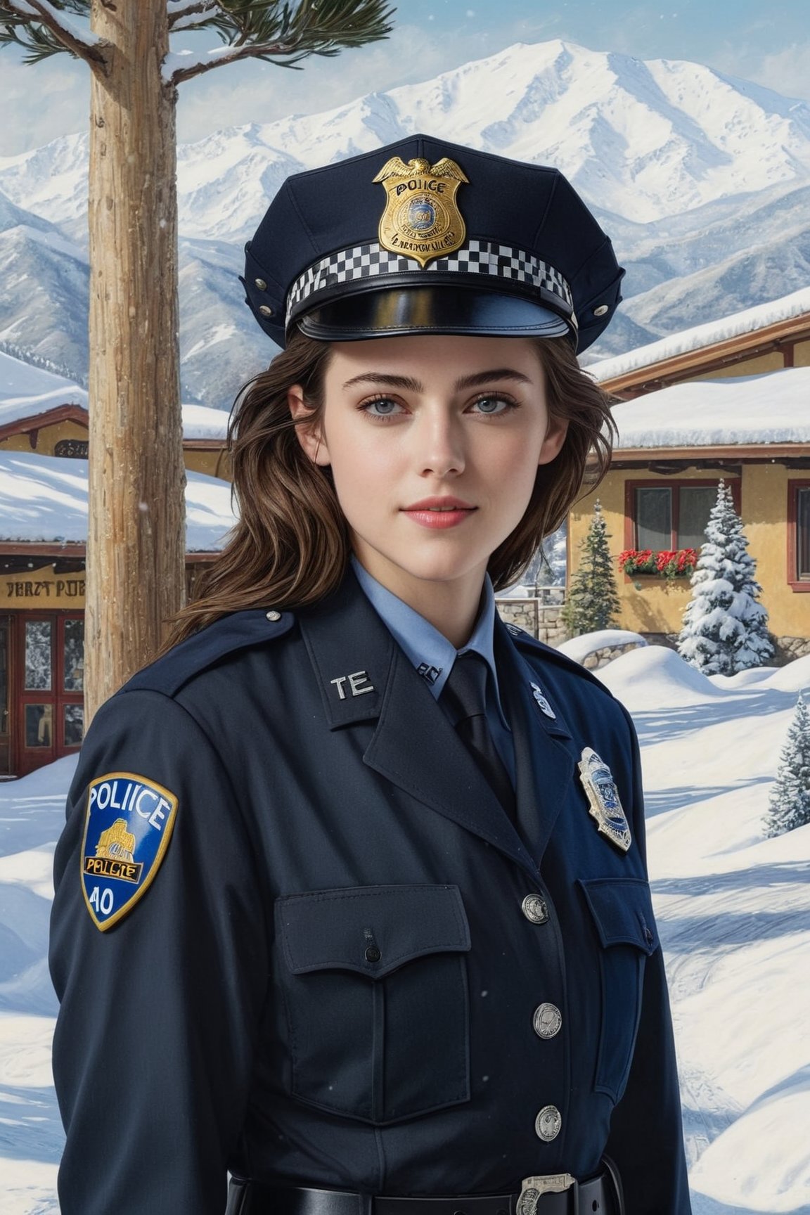 Hyper-Realistic photo of a beautiful LAPD police officer in a winter resort,20yo,1girl,solo,LAPD police uniform,cap,detailed exquisite face,soft shiny skin,smile,looking at viewer,Kristen Stewart lookalike,cap,sunglasses,fullbody:1.3
BREAK
backdrop:winter resort center,snow,road,police car,tree,[cluttered maximalism]
BREAK
settings: (rule of thirds1.3),perfect composition,studio photo,trending on artstation,depth of perspective,(Masterpiece,Best quality,32k,UHD:1.4),(sharp focus,high contrast,HDR,hyper-detailed,intricate details,ultra-realistic,kodachrome 800:1.3),(cinematic lighting:1.3),(by Karol Bak$,Alessandro Pautasso$,Gustav Klimt$ and Hayao Miyazaki$:1.3),art_booster,photo_b00ster, real_booster,w1nter res0rt