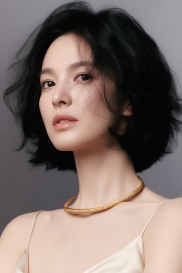 A luxury jewelry editorial close-up portrait of a refined 20yo woman with tousled short black hair,  softly textured and s...