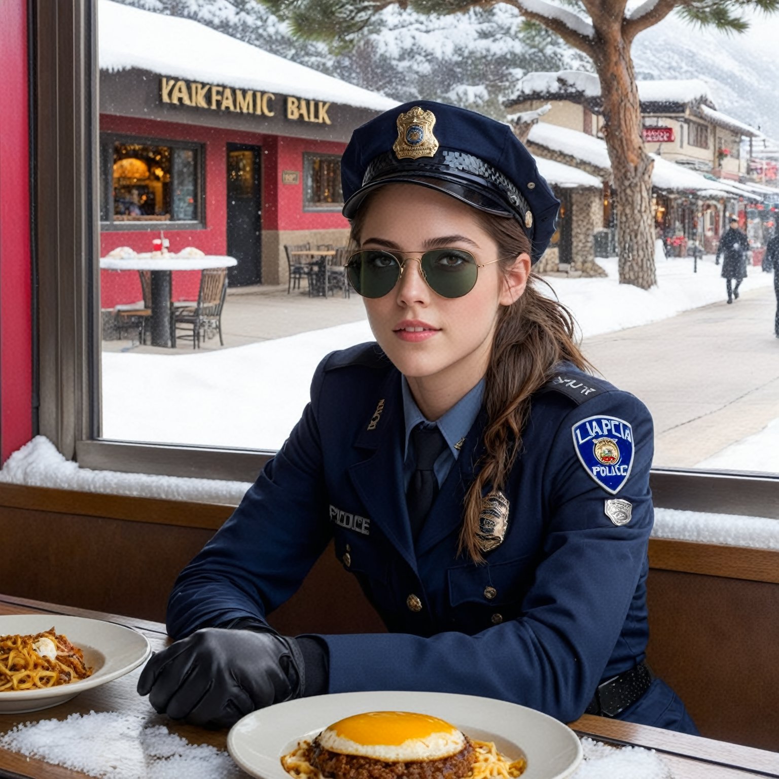 Hyper-Realistic photo of a beautiful LAPD police officer sitting in a restaurant in winter resort,20yo,1girl,solo,LAPD police uniform,cap,detailed exquisite face,soft shiny skin,smile,looking at viewer,Kristen Stewart lookalike,cap,sunglasses,fullbody:1.3
BREAK
backdrop:restaurant,window,snow,road,police car,tree,girl focus,[cluttered maximalism]
BREAK
settings: (rule of thirds1.3),perfect composition,studio photo,trending on artstation,depth of perspective,(Masterpiece,Best quality,32k,UHD:1.4),(sharp focus,high contrast,HDR,hyper-detailed,intricate details,ultra-realistic,kodachrome 800:1.3),(cinematic lighting:1.3),(by Karol Bak$,Alessandro Pautasso$,Gustav Klimt$ and Hayao Miyazaki$:1.3),art_booster,photo_b00ster, real_booster,w1nter res0rt