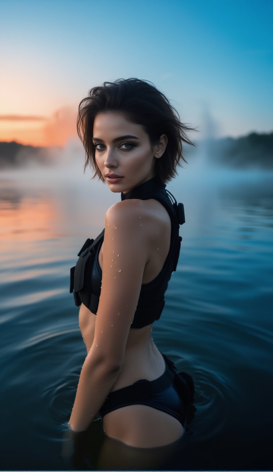 A stunning portrait of female warrior half-submerged in a large lake,  Her waist up outside water. water droplets glisteni...
