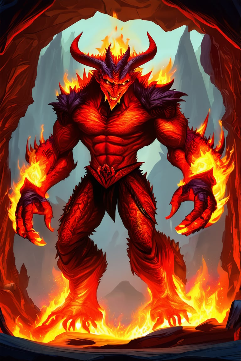 a devil monster stands in dark cave. He uses the magic ring and turns into the ultimate form of a fire magic \(ek_ge1frt\) monster,fire elemental effect,ek_game_3ffect,ek_real_b00ster