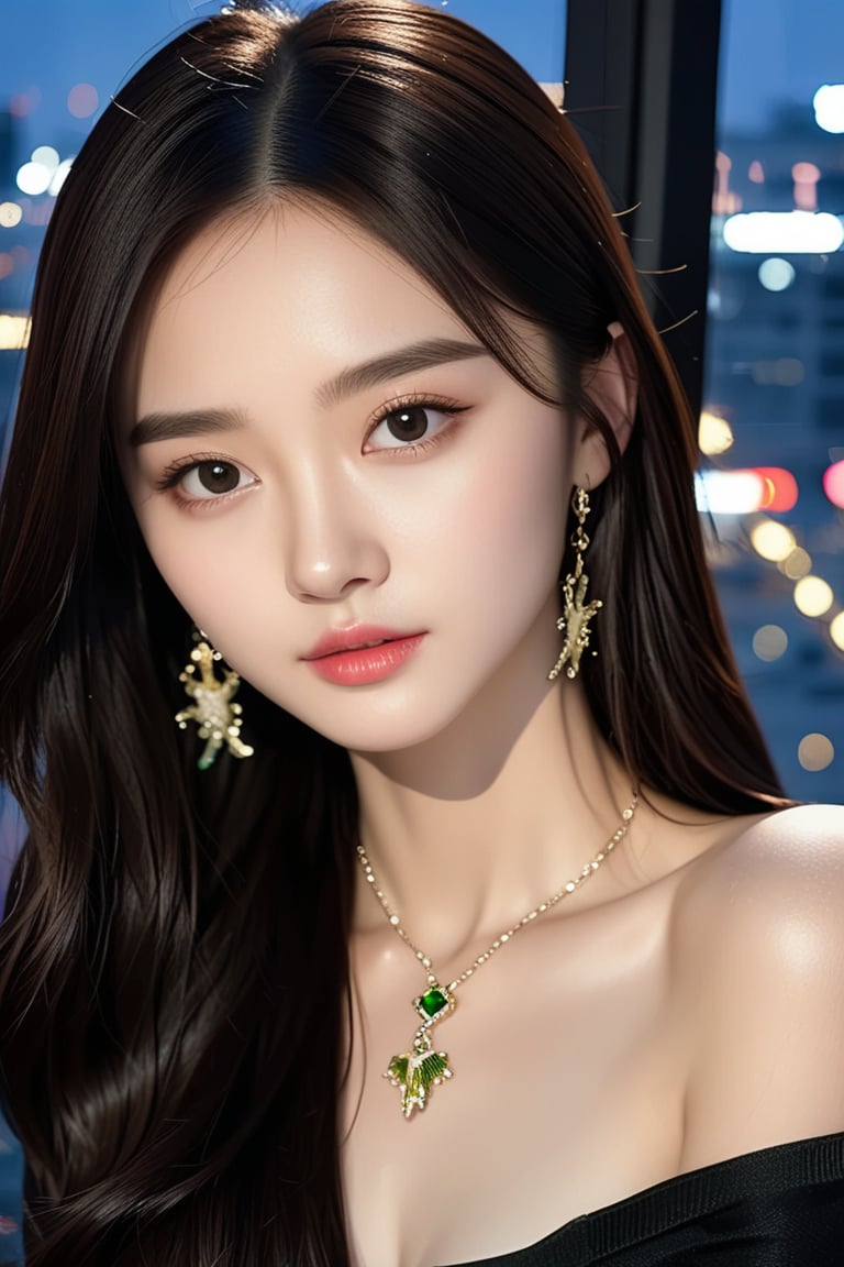 hyper realistic photo of a beautiful girl,20yo,detailed exquisite face,soft shiny skin,Chinese girl,long and natural brunette hair styled impeccably reflecting modern urban trends,Dakota Fanning lookalike,perfect female form,model body,elegant urban fashion,earrings and necklaces, backdrop:cityscape,window,night,lights,[modern green,yellow and cream colors],dark:1.2,chiaroscuro lighting, ek_ph0t0_b00ster,ek_game_3ffect,ek_real_b00ster