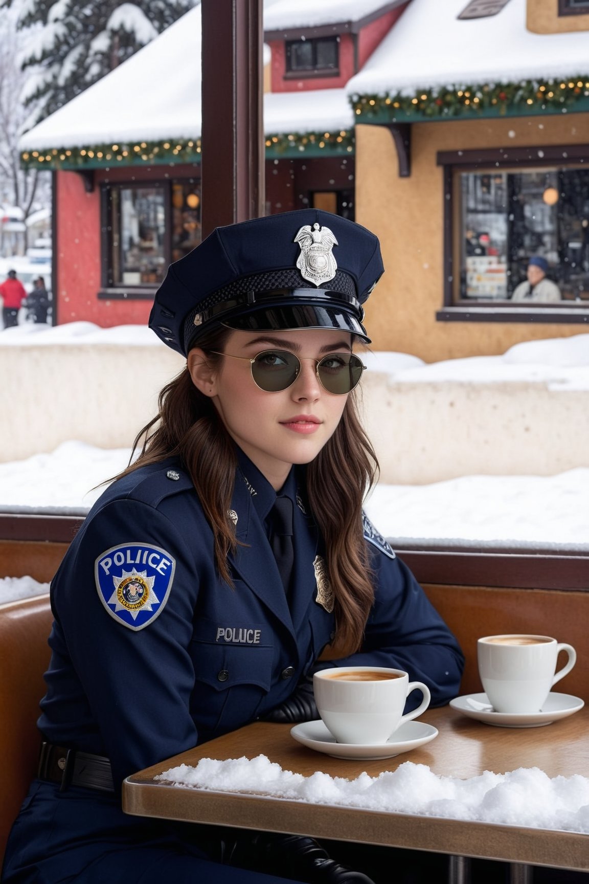 Hyper-Realistic photo of a beautiful LAPD police officer sitting in a cafe in winter resort,20yo,1girl,solo,LAPD police uniform,cap,detailed exquisite face,soft shiny skin,smile,looking at viewer,Kristen Stewart lookalike,cap,sunglasses,fullbody:1.3
BREAK
backdrop:cafe,table,coffee mug,window,snow,road,police car,tree,girl focus,[cluttered maximalism]
BREAK
settings: (rule of thirds1.3),perfect composition,studio photo,trending on artstation,depth of perspective,(Masterpiece,Best quality,32k,UHD:1.4),(sharp focus,high contrast,HDR,hyper-detailed,intricate details,ultra-realistic,kodachrome 800:1.3),(cinematic lighting:1.3),(by Karol Bak$,Alessandro Pautasso$,Gustav Klimt$ and Hayao Miyazaki$:1.3),art_booster,photo_b00ster, real_booster,w1nter res0rt