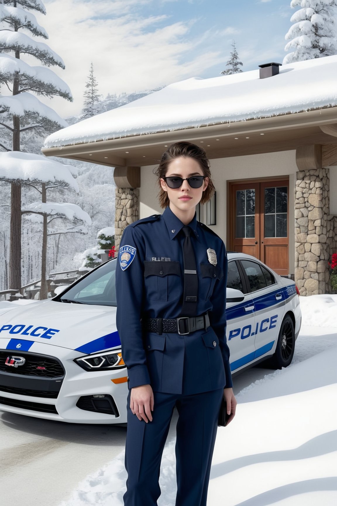 Hyper-Realistic photo of a beautiful LAPD police officer standing in front of a winter resort house,20yo,1girl,solo,LAPD police uniform,cap,detailed exquisite face,soft shiny skin,smile,sunglasses,looking at viewer,Kristen Stewart lookalike,cap,fullbody:1.3
BREAK
backdrop:luxurious modern resort house,police car,road,snow,tree,girl focus,[cluttered maximalism]
BREAK
settings: (rule of thirds1.3),perfect composition,studio photo,trending on artstation,depth of perspective,(Masterpiece,Best quality,32k,UHD:1.4),(sharp focus,high contrast,HDR,hyper-detailed,intricate details,ultra-realistic,kodachrome 800:1.3),(cinematic lighting:1.3),(by Karol Bak$,Alessandro Pautasso$,Gustav Klimt$ and Hayao Miyazaki$:1.3),art_booster,photo_b00ster, real_booster,w1nter res0rt