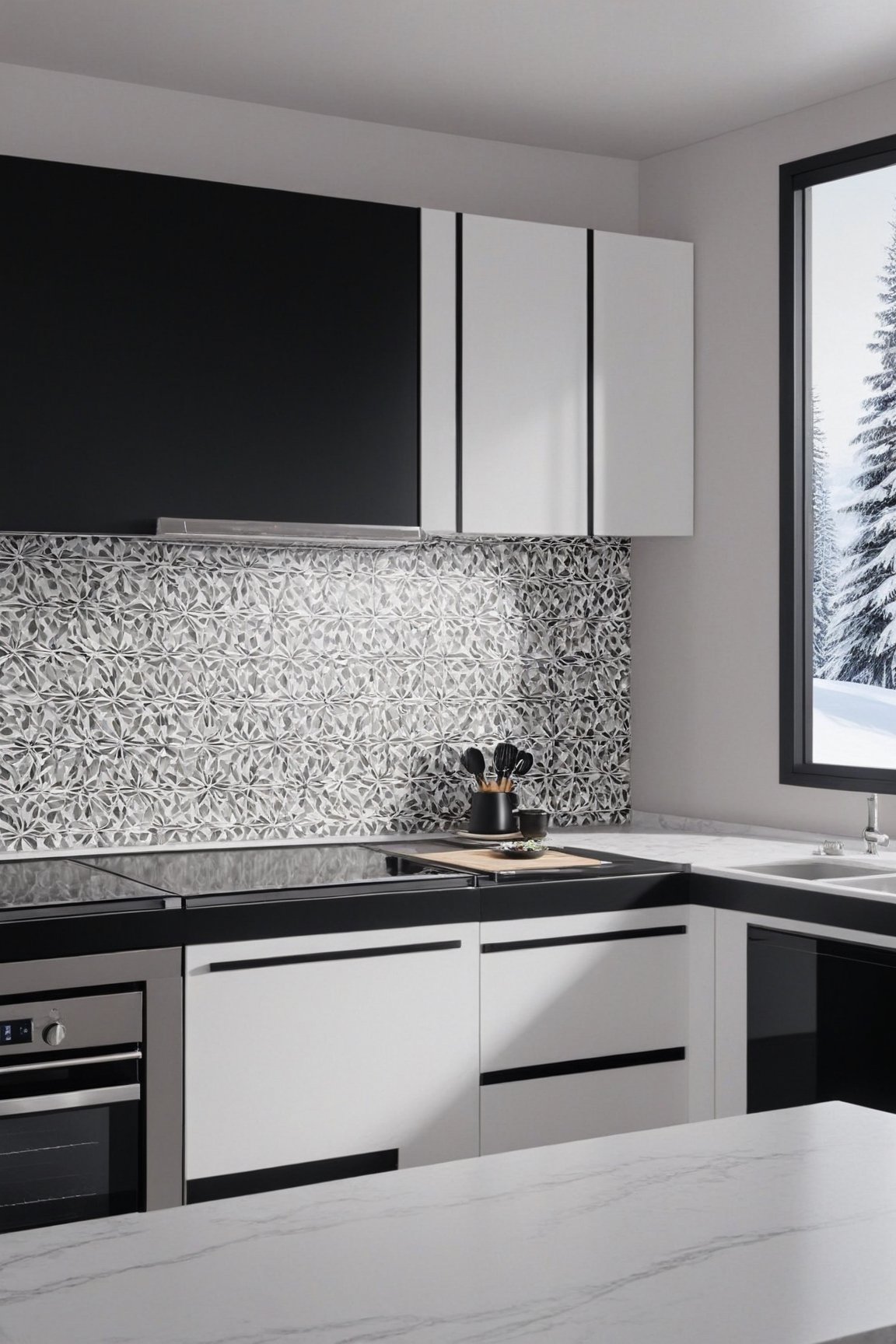 A realistic photo of luxurious modern kitchen in a cabin of winter resort,countertop,electric stove,cabinet,dining table with 4 chairs,tiled wall,refrigerator,window,curtains,lamp,door, black and white color
BREAK
(hyper detailed,16K,HDR,hyper-realistic,sharp focus,high contrast,kodachrome 800:1.2),w1nter res0rt,H effect,art_booster,ani_booster