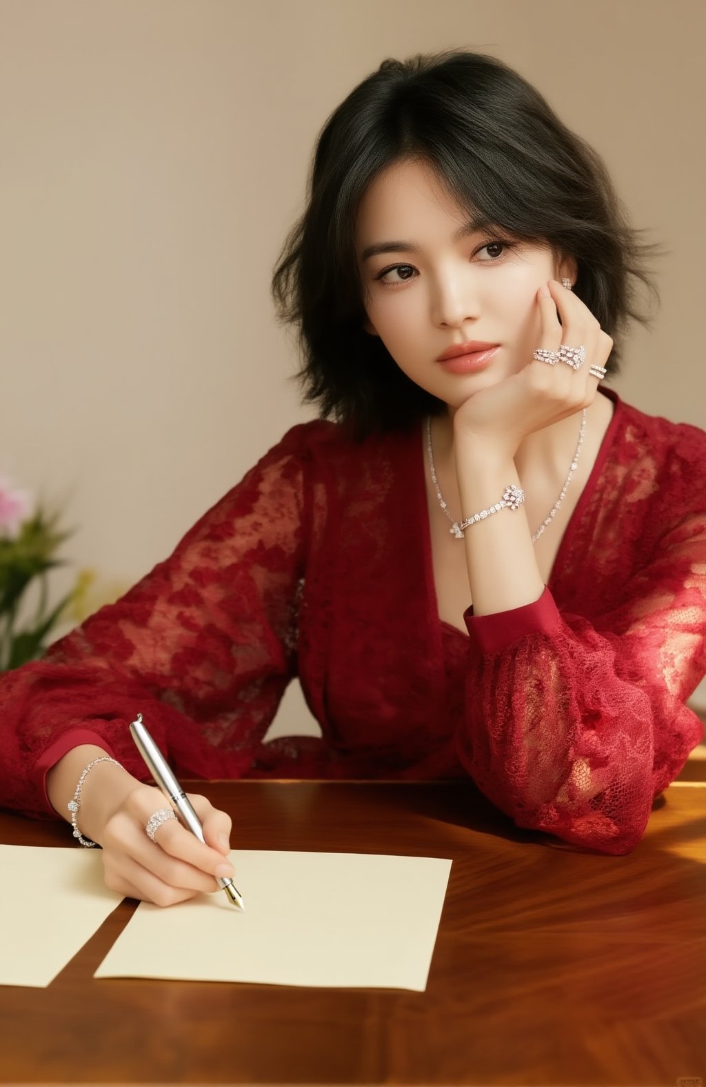 High-end jewelry editorial portrait of a young woman seated at a wooden table indoors,  tousled short hair,  wearing a dee...