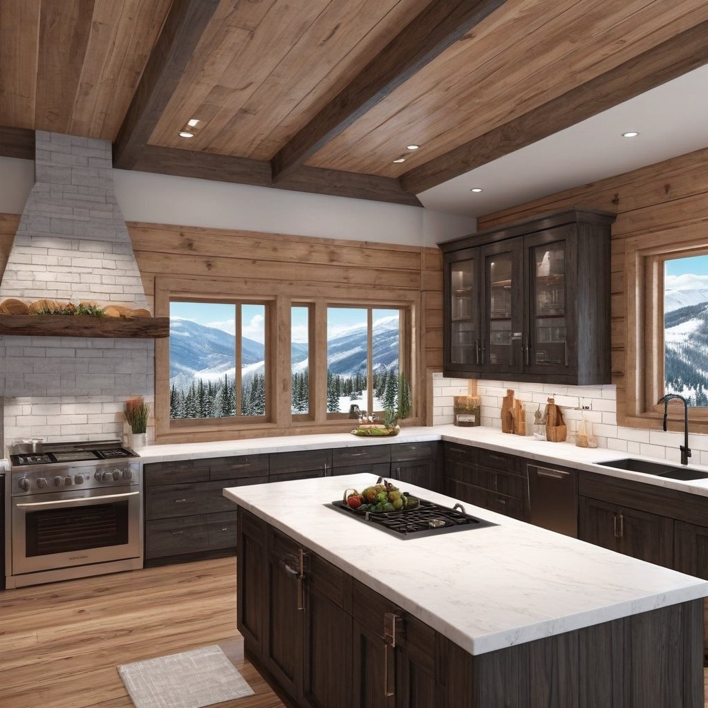 A realistic photo of kitchen in luxury cabin of winder resort1,modern luxury cabin,winter resort1,hyper detailed,16K,HDR,hyper-realistic,sharp focus,high contrast,trending on artstation,studio photo