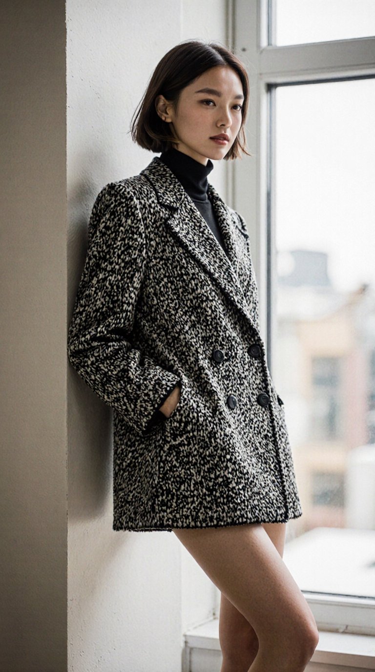 Candid editorial fashion photograph of a 20yo runway woman with short hair,  slightly leaning against a wall with relaxed...