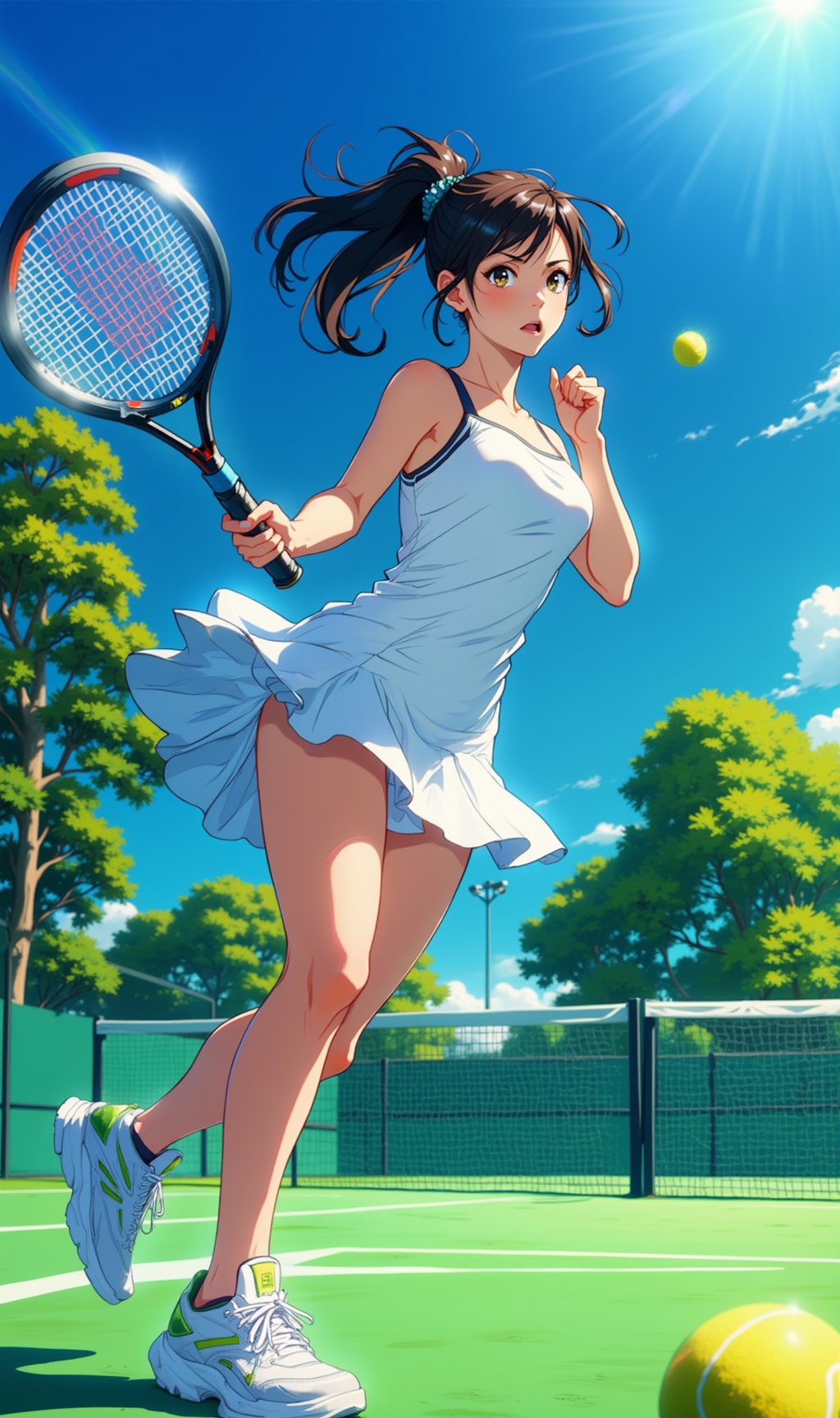 Anime of a graceful woman stands mid-motion on a pristine tennis court,  her athletic figure poised as she swings her rack...