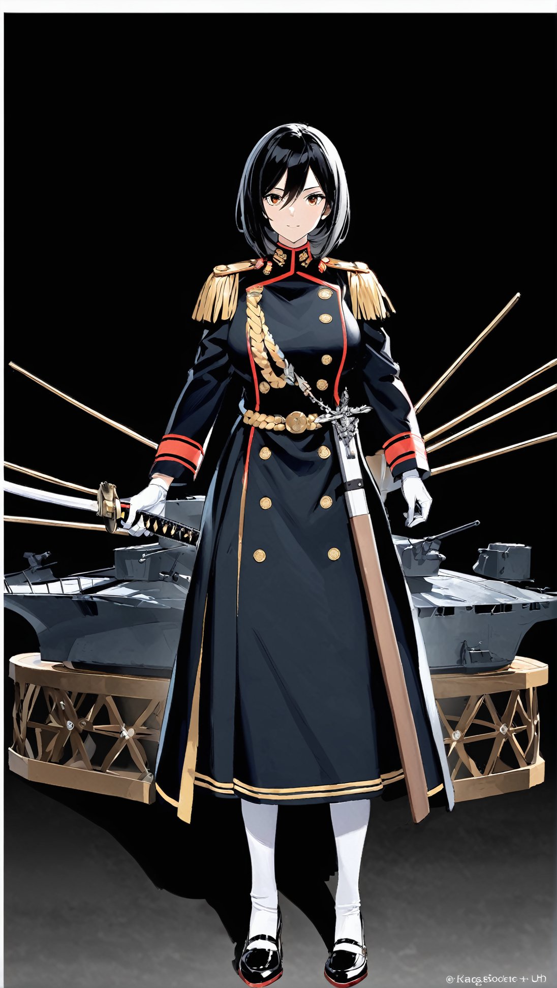 Hyper-Detailed Anime of Mikasa \(Azur Lane\),1girl, solo, long hair, looking at viewer, smile, bangs, simple background, brown hair, black hair, gloves, long sleeves, dress, holding, hair between eyes, closed mouth, full body, yellow eyes, weapon, horns, socks, sword, white gloves, holding weapon, uniform, coat, kneehighs, military, military uniform, holding sword, katana, white socks, black background, machinery, epaulettes, turret, rigging, aiguillette,cluttered maximalism
BREAK
(rule of thirds:1.3),(thick drawing lines:1.3),perfect composition,studio photo,trending on artstation,(Masterpiece,Best quality,32k,UHD,sharp focus,high contrast,HDR,hyper-detailed,intricate details,ultra-clear:1.3),(cinematic lighting),by Karol Bak,Gustav Klimt and Hayao Miyazaki,ani_booster,real_booster,art_booster