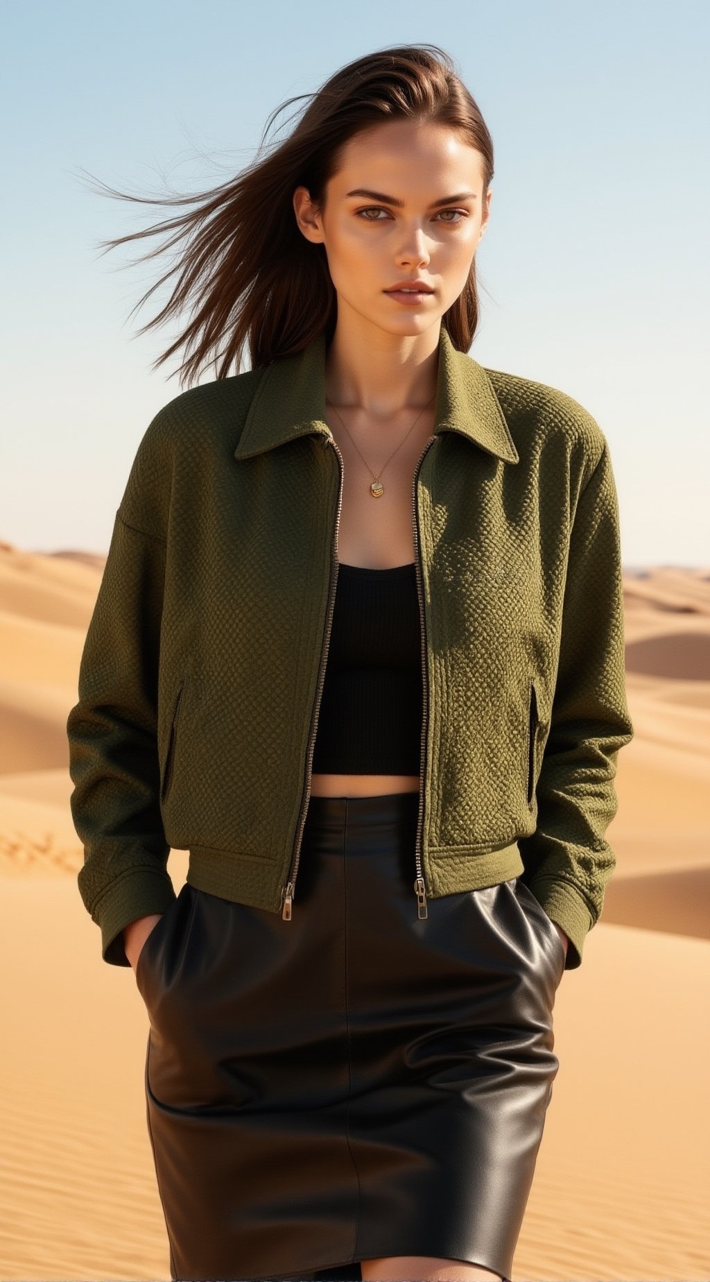 a full-body high-fashion editorial shot of a chic woman with a slender oval face,  high cheekbones,  sharp almond eyes by...
