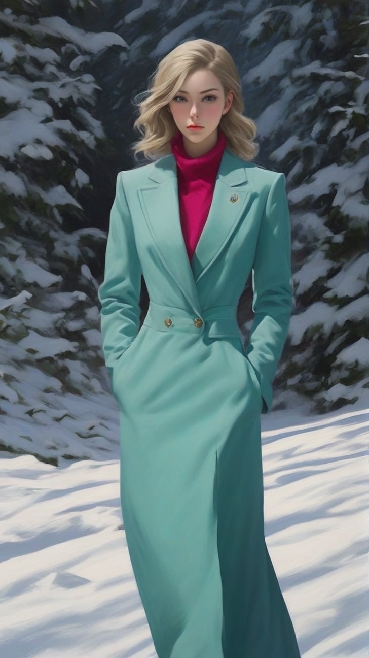 Hyper-realistic portrait of a sophisticated girl,  20yo,  standing in snow road by EclipseKww on Tensor.Art
