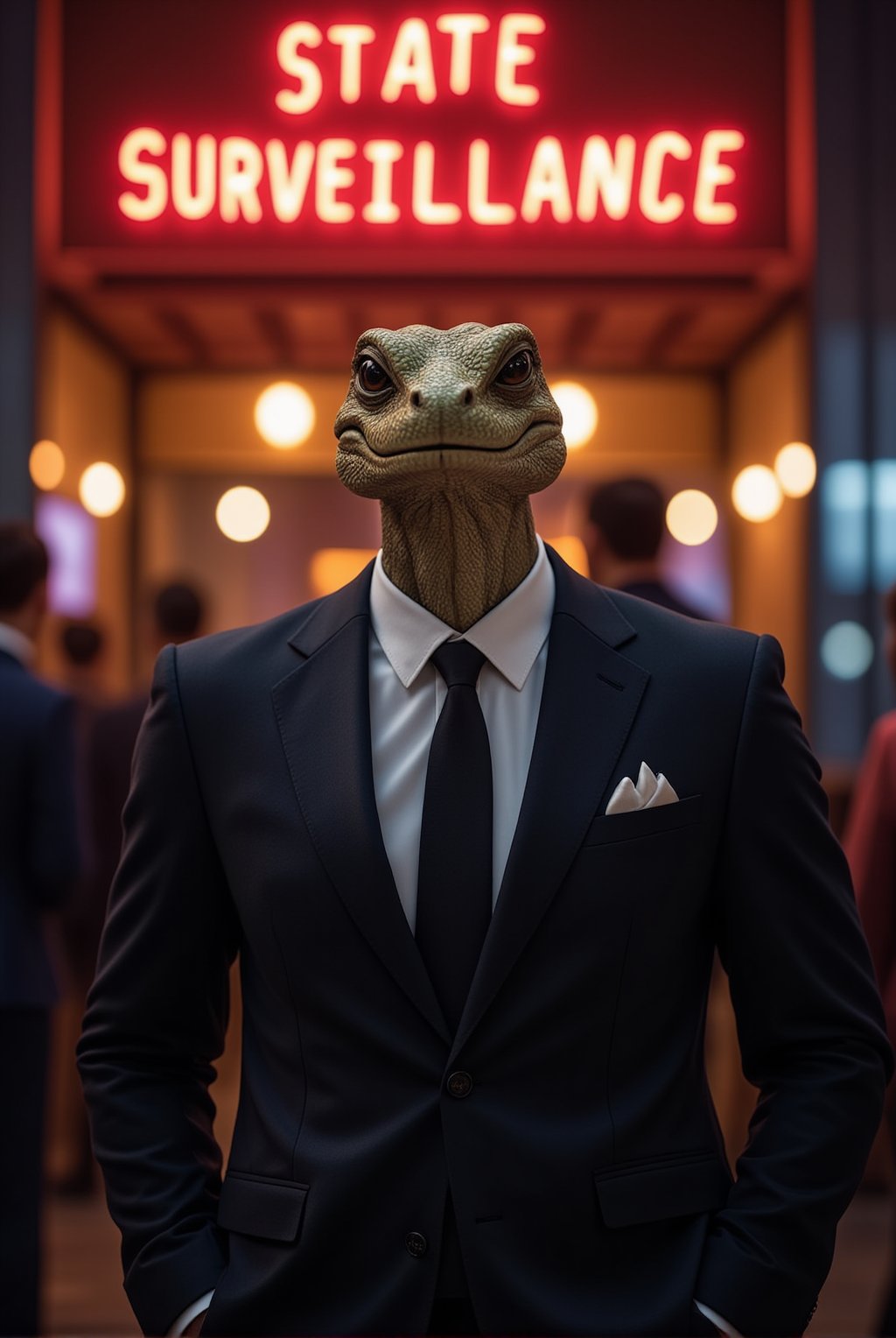 A sleek and imposing reptilian figure, dressed in a sharp suit, stands confidently in front of a crowd. Above it, a glowing neon sign reads 'State Surveillance,' casting an eerie light on the scene. The reptilian’s true face is hidden behind a smiling human mask, projecting an air of charm and authority. While the onlookers are captivated by the charismatic façade, subtle hints of its true nature peek through—the gleam of scales and cold, calculating eyes just visible at the edges of the mask. This scene captures the eerie contrast between the reptilian overlord's deceptive appearance and its sinister intent, embodying the hidden control exerted over humanity.
BREAK
detailed exquisite face,soft shiny skin,realistic,detailed,sharp focus,high contrast,rule of thirds,depth of perspective,award-winning photo,chiaroscuro lighting,ek_g1rl_02,ek_ph0t0_b00ster