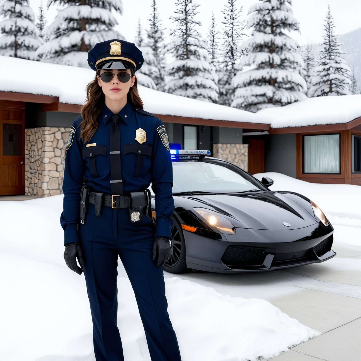 Hyper-Realistic photo of a beautiful LAPD police officer standing in front of a winter resort house,20yo,1girl,solo,LAPD police uniform,cap,detailed exquisite face,soft shiny skin,smile,sunglasses,looking at viewer,Kristen Stewart lookalike,cap,fullbody:1.3
BREAK
backdrop:luxurious modern resort house,police car,road,snow,tree,girl focus,[cluttered maximalism]
BREAK
settings: (rule of thirds1.3),perfect composition,studio photo,trending on artstation,depth of perspective,(Masterpiece,Best quality,32k,UHD:1.4),(sharp focus,high contrast,HDR,hyper-detailed,intricate details,ultra-realistic,kodachrome 800:1.3),(cinematic lighting:1.3),(by Karol Bak$,Alessandro Pautasso$,Gustav Klimt$ and Hayao Miyazaki$:1.3),art_booster,photo_b00ster, real_booster,w1nter res0rt