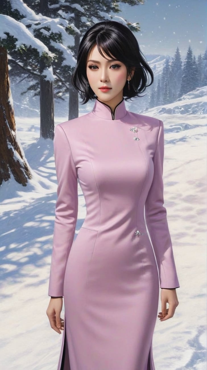 Hyper-realistic portrait of a sophisticated girl,20yo,standing in snow road,alluring neighbor's wife,clear facial features,detailed exquisite face,perfect female form,elegant jacket on dress,detailed backdrop,(Silver Meteor,Persian Pink,Black Mahogany,Cream Caramel color),(Fullbody wideshot),
trending on artstation,perfect composition,cinematic lighting,anime vibes,kuchiki rukia,pen and ink,by Karol Bak and Gustav Klimt
BREAK A realistic photo of snow road in winder resort1,snow,tree,winter resort1,hyper detailed,16K,HDR,hyper-realistic,sharp focus,high contrast