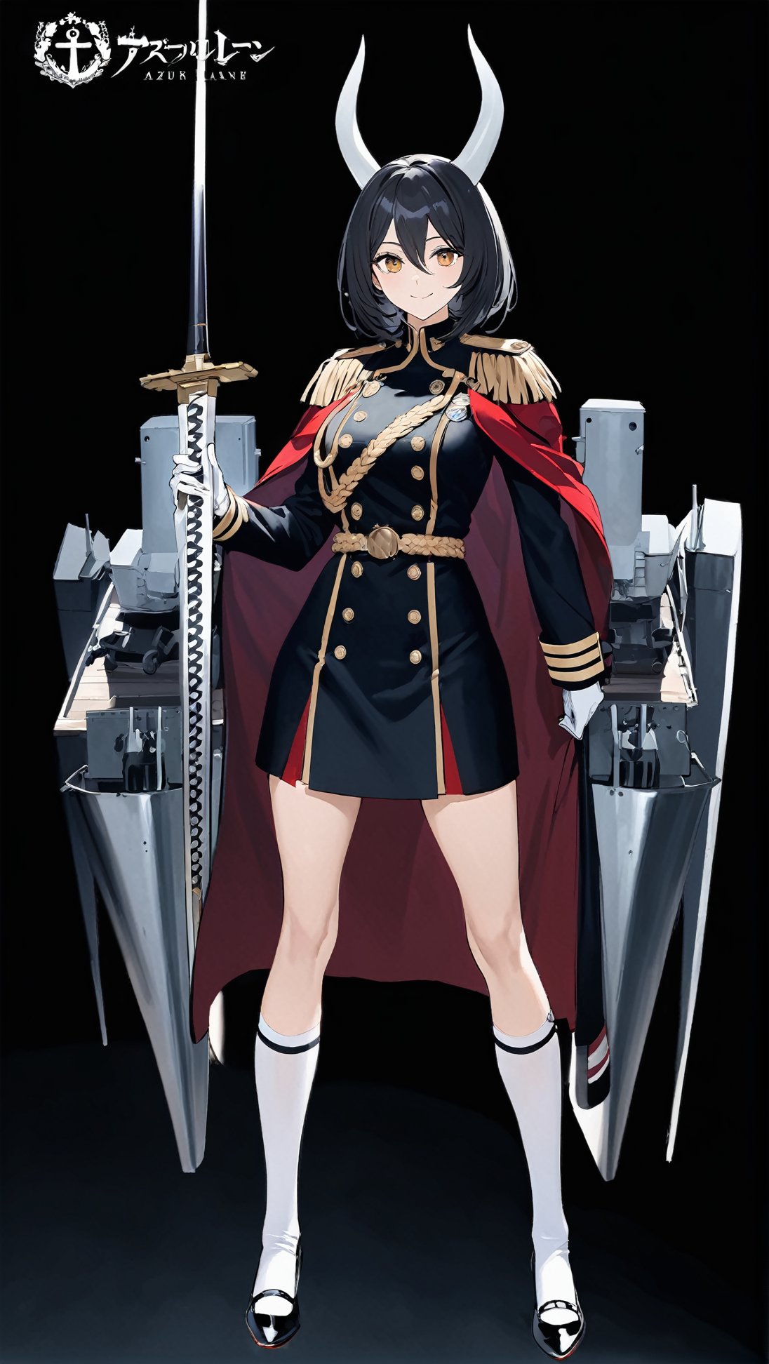 Hyper-Detailed Anime of Mikasa \(Azur Lane\),1girl, solo, long hair, looking at viewer, smile, bangs, simple background, brown hair, black hair, gloves, long sleeves, dress, holding, hair between eyes, closed mouth, full body, yellow eyes, weapon, horns, socks, sword, white gloves, holding weapon, uniform, coat, kneehighs, military, military uniform, holding sword, katana, white socks, black background, machinery, epaulettes, turret, rigging, aiguillette,cluttered maximalism
BREAK
(rule of thirds:1.3),(thick drawing lines:1.3),perfect composition,studio photo,trending on artstation,(Masterpiece,Best quality,32k,UHD,sharp focus,high contrast,HDR,hyper-detailed,intricate details,ultra-clear:1.3),(cinematic lighting),by Karol Bak,Gustav Klimt and Hayao Miyazaki,ani_booster,real_booster,art_booster