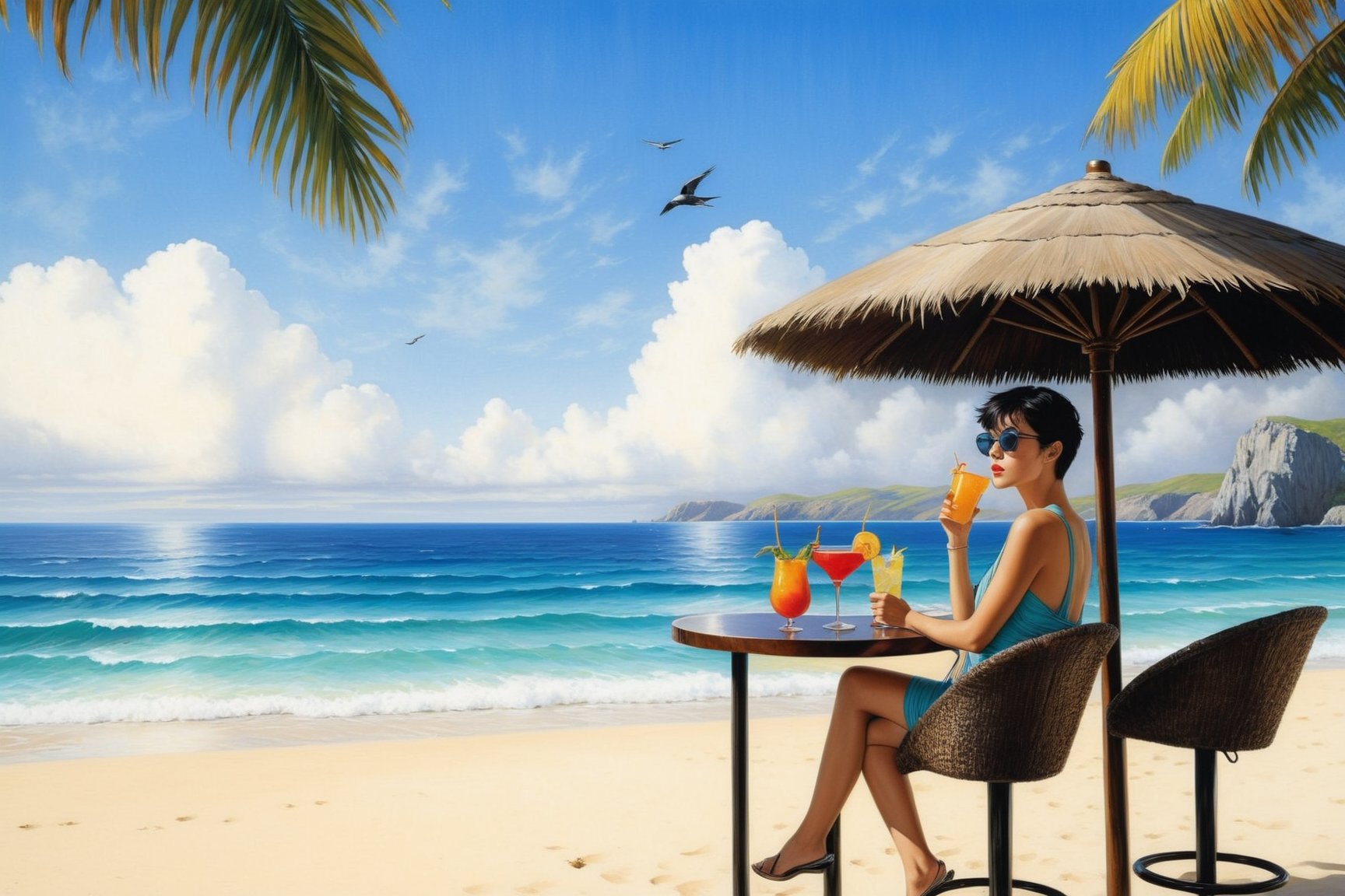 Hyper-Realistic photo of a beautiful girl sitting at a cocktail bar on a beach,  detailed exquisite face,  short black hai...