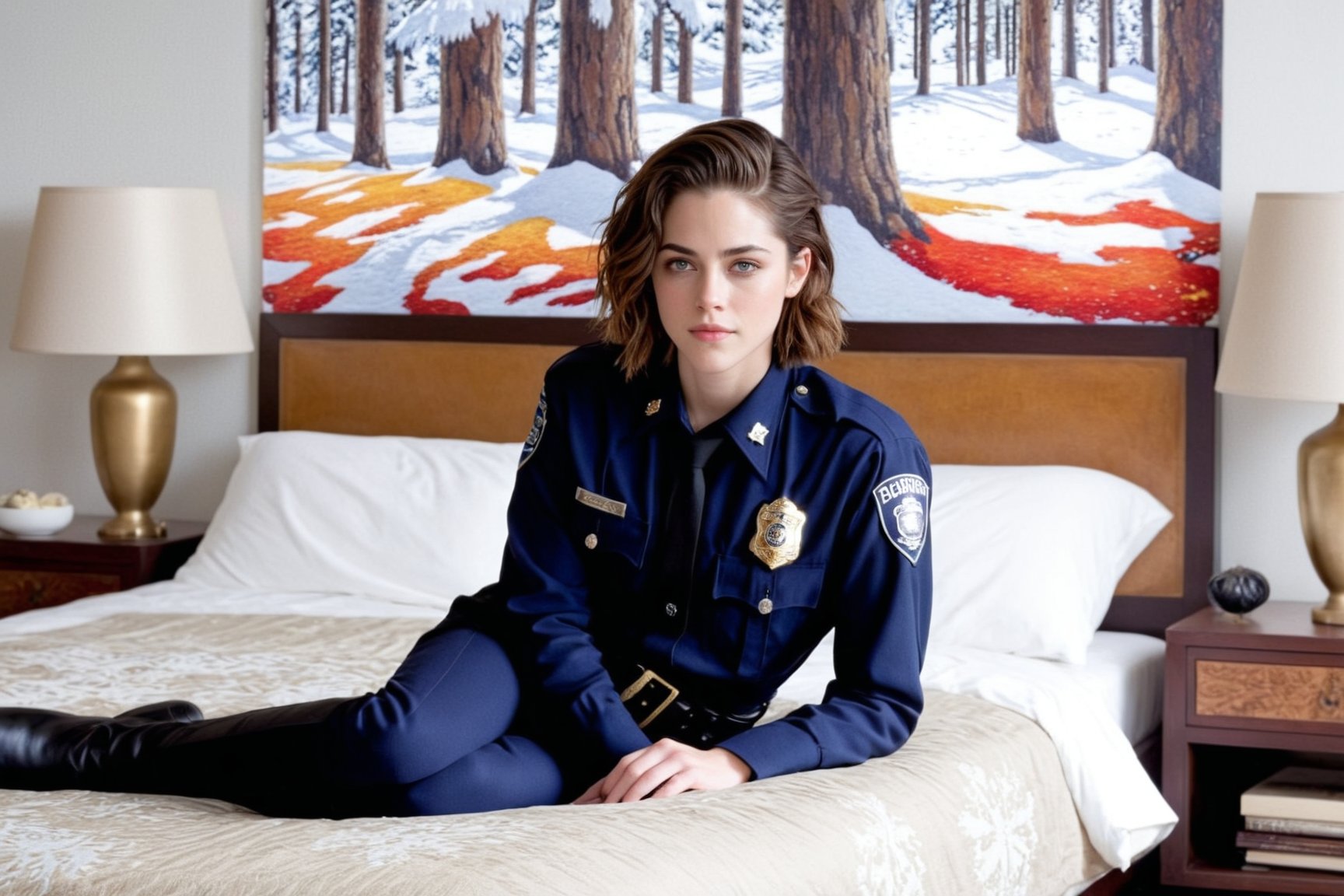 Hyper-Realistic photo of a beautiful LAPD police officer sitting on a bed in a winter resort house bedroom,20yo,1girl,solo,LAPD police uniform,cap,detailed exquisite face,soft shiny skin,smile,looking at viewer,Kristen Stewart lookalike,cap,fullbody:1.3
BREAK
backdrop:luxurious bedroom,pillow,lamp,window,curtain,carpet,tree,girl focus,cluttered maximalism
BREAK
settings: (rule of thirds1.3),perfect composition,studio photo,trending on artstation,depth of perspective,(Masterpiece,Best quality,32k,UHD:1.4),(sharp focus,high contrast,HDR,hyper-detailed,intricate details,ultra-realistic,kodachrome 800:1.3),(cinematic lighting:1.3),(by Karol Bak$,Alessandro Pautasso$,Gustav Klimt$ and Hayao Miyazaki$:1.3),art_booster,photo_b00ster, real_booster,w1nter res0rt