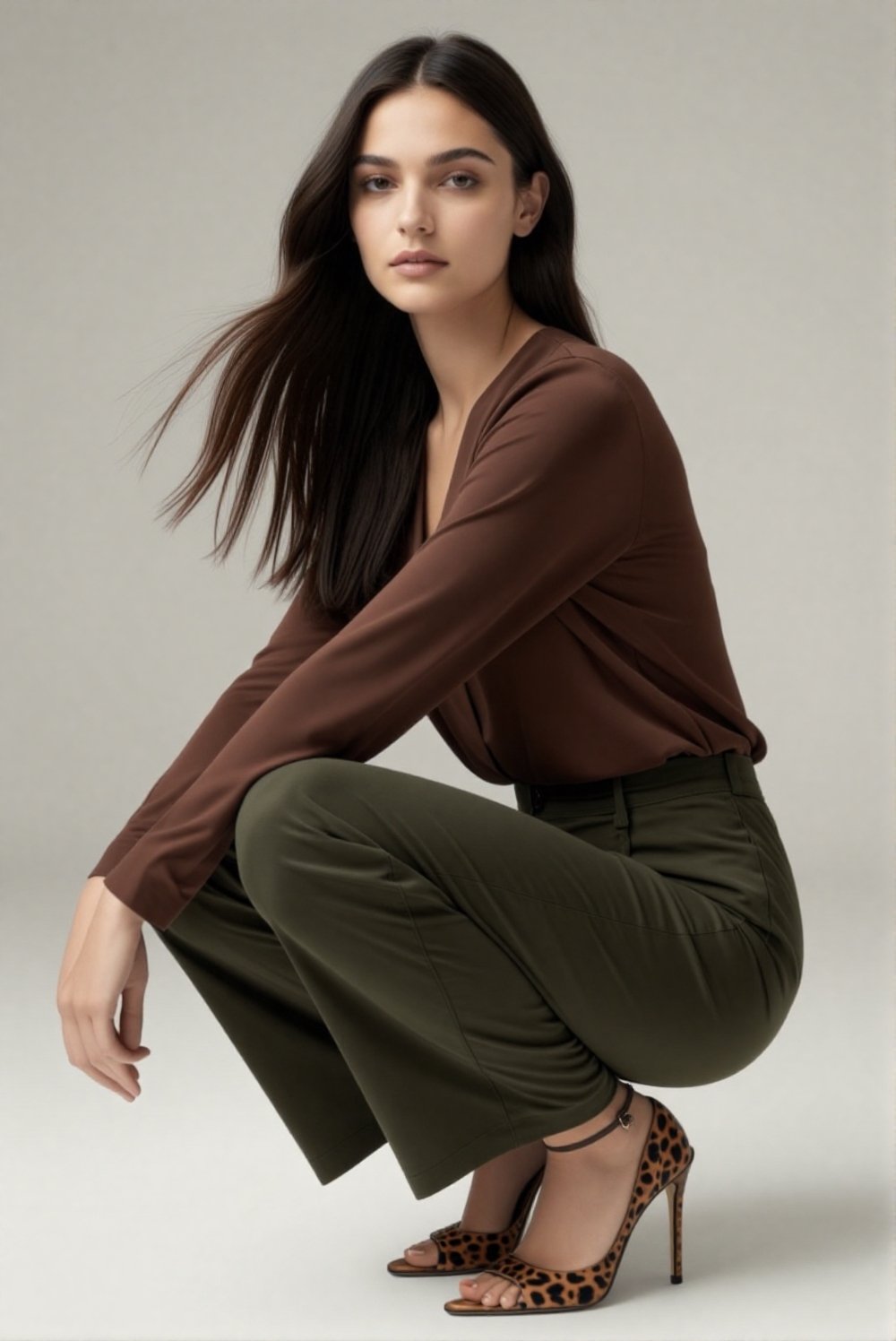 A refined studio fashion portrait featuring an elegant young woman in a poised,  editorial pose. She crouches gracefully a...
