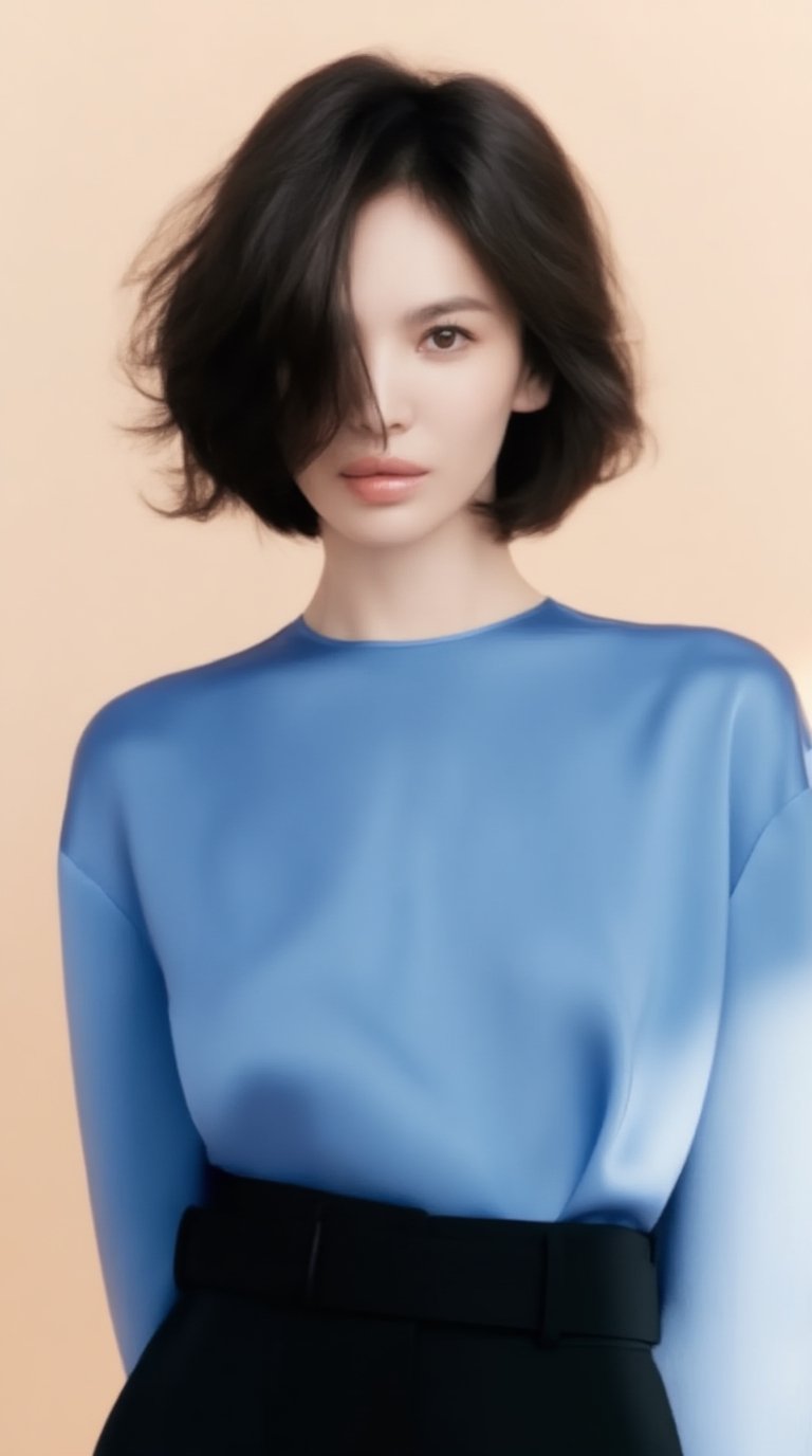 A high-end fashion editorial portrait of a refined 20yo woman with tousled short hair,  smooth glossy natural texture,  so...