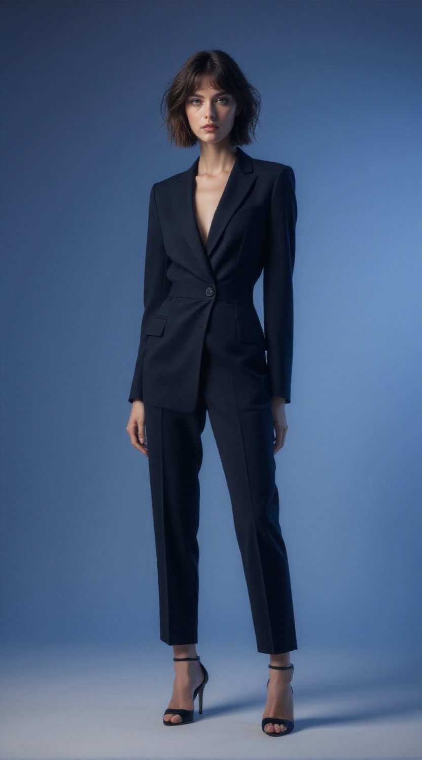 A full-body modern fashion portrait of a young woman standing confidently,  framed head-to-toe with clear visibility of he...