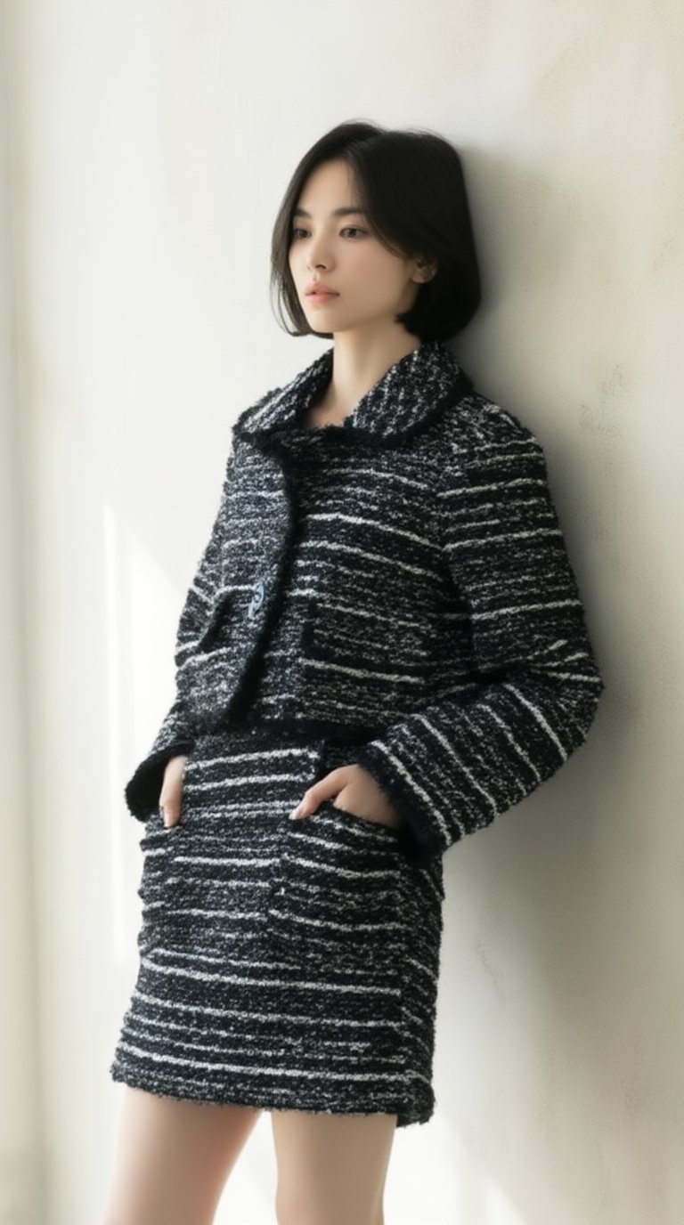 Candid editorial fashion photograph of a 20yo runway woman with short hair,  slightly leaning against a wall with relaxed...