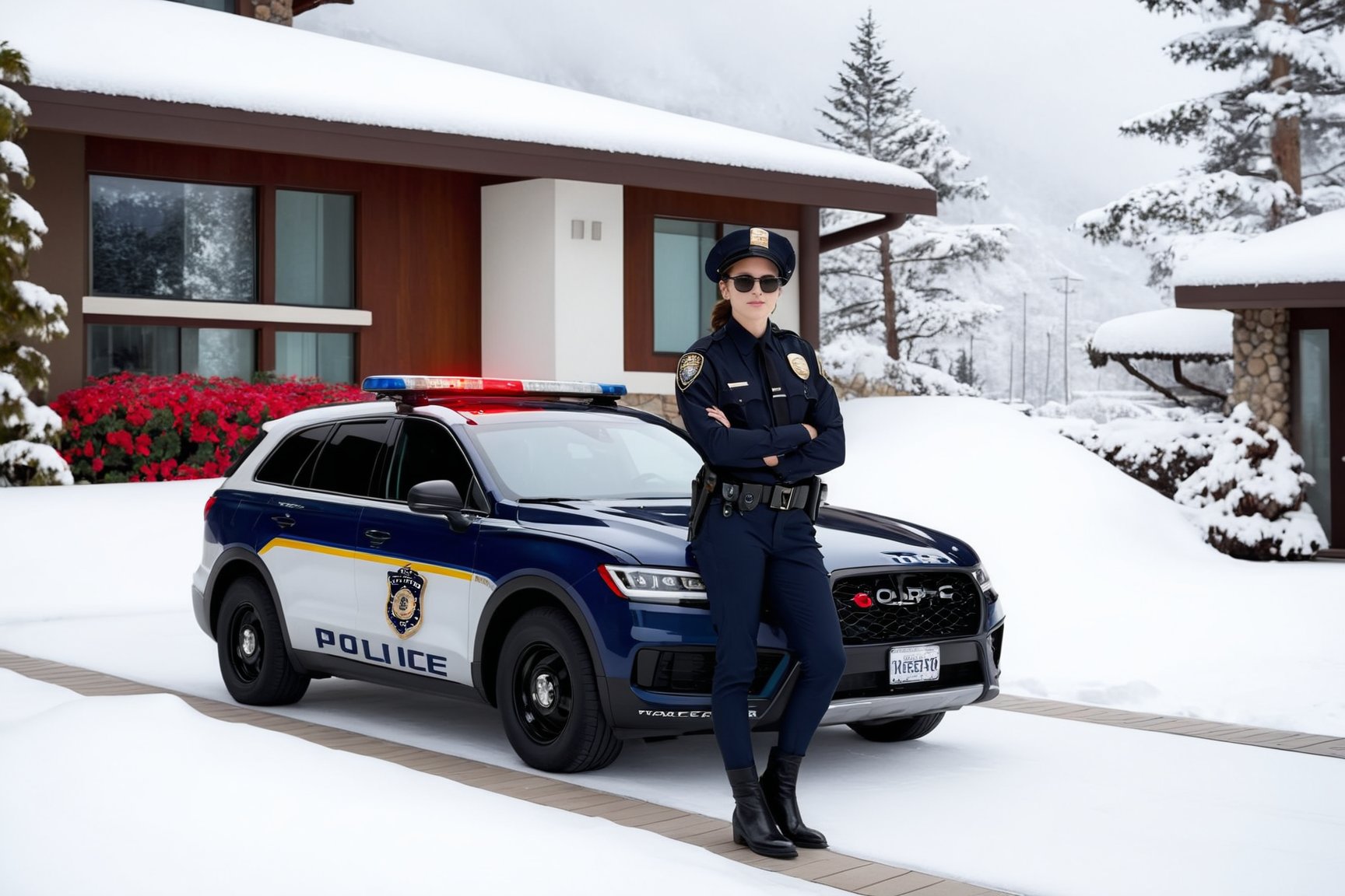 Hyper-Realistic photo of a beautiful LAPD police officer standing in front of a winter resort house,20yo,1girl,solo,LAPD police uniform,cap,detailed exquisite face,soft shiny skin,smile,sunglasses,looking at viewer,Kristen Stewart lookalike,cap,fullbody:1.3
BREAK
backdrop:luxurious modern resort house,police car,road,snow,tree,girl focus,[cluttered maximalism]
BREAK
settings: (rule of thirds1.3),perfect composition,studio photo,trending on artstation,depth of perspective,(Masterpiece,Best quality,32k,UHD:1.4),(sharp focus,high contrast,HDR,hyper-detailed,intricate details,ultra-realistic,kodachrome 800:1.3),(cinematic lighting:1.3),(by Karol Bak$,Alessandro Pautasso$,Gustav Klimt$ and Hayao Miyazaki$:1.3),art_booster,photo_b00ster, real_booster,w1nter res0rt