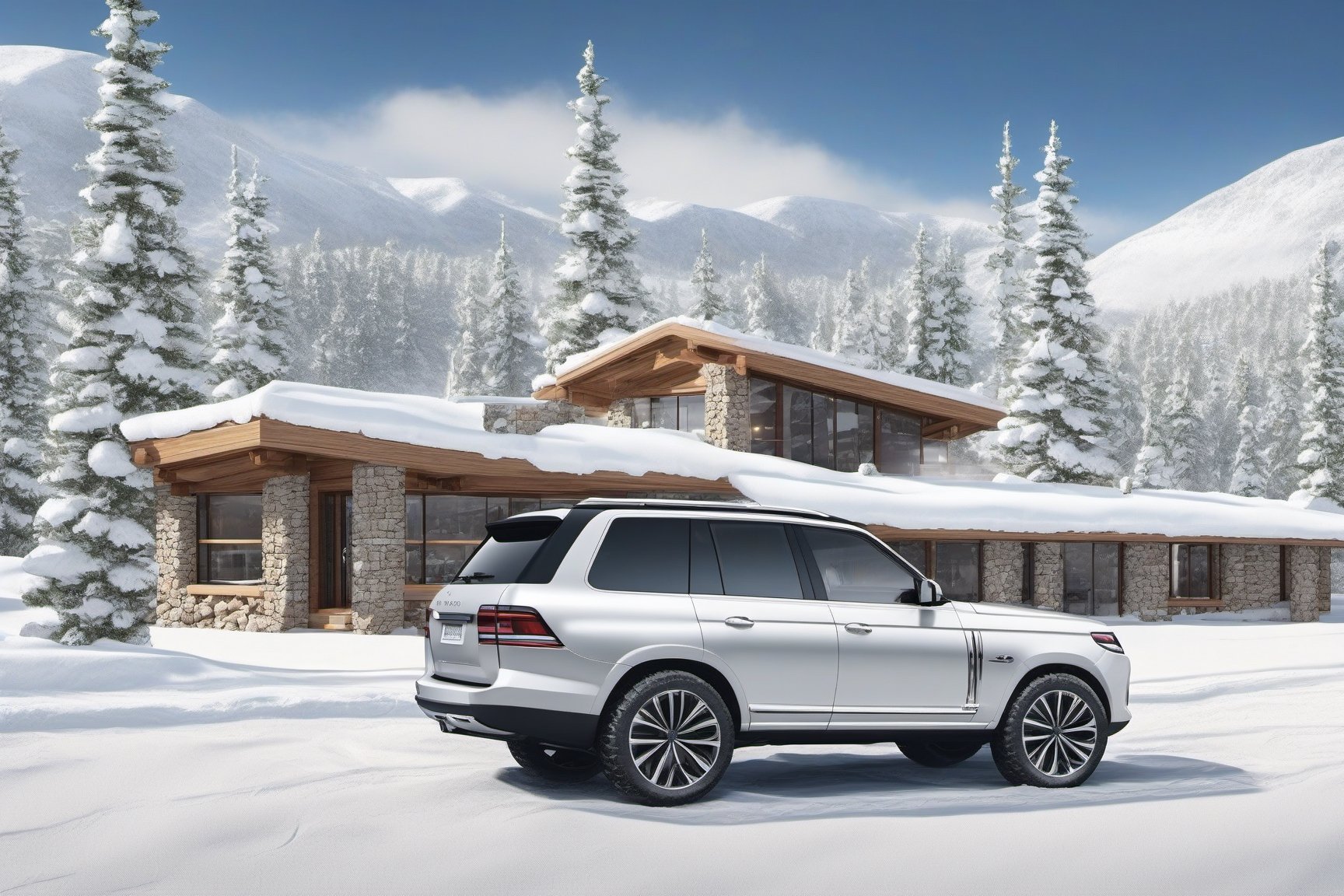 A realistic photo of resort cabin,modern style cabin,snow,tree,stone wall,snow road,
w1nter res0rt,(highly detailed,ultra-realistic,HDR,16K,Kodachrome 800,sharp focus,high contrast,rule of thirds:1.2) 
BREAK
(A luxury SUV parked in front of the cabin:1.3)