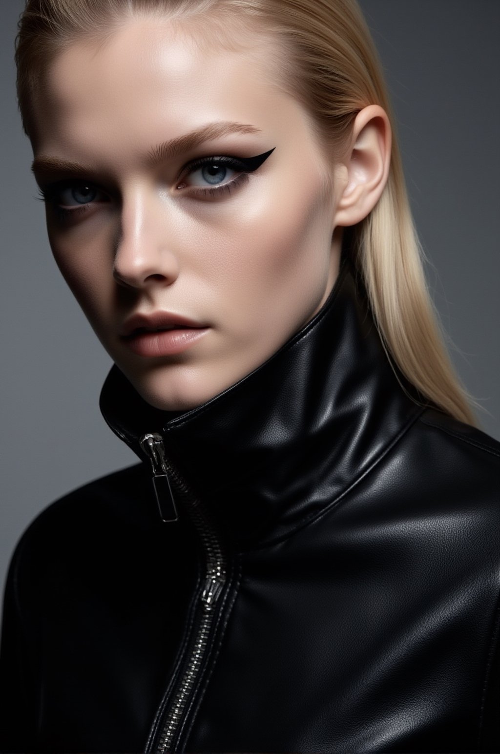 a dramatic close-up fashion editorial portrait of a chic woman with higher cheekbones,  a defined jawline,  sharp almond-s...