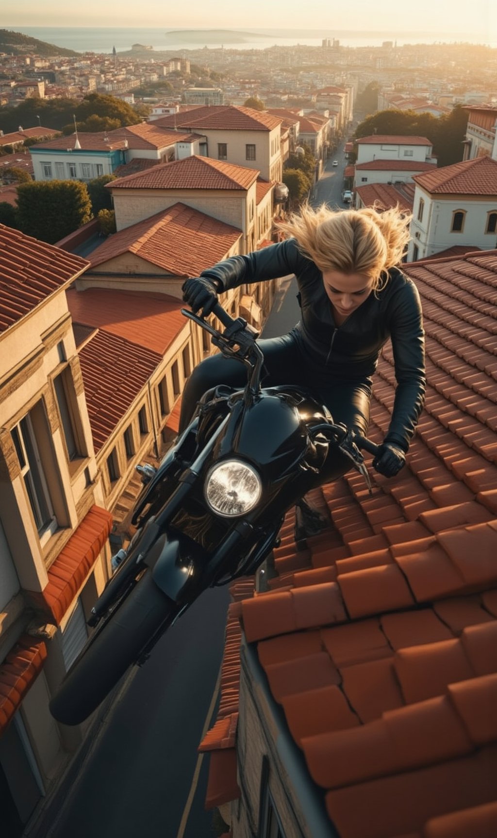 A daring blonde spy races across the rooftops of a suburban neighborhood on the outskirts of Istanbul, her sleek motorcycle roaring as it leaps from one roof to another. The terracotta-tiled rooftops blur beneath her as she expertly navigates the narrow spaces between buildings, the city skyline visible in the distance. Her hair flows wildly in the wind, contrasting with the dark leather jacket and tactical gear she wears. The sun is low on the horizon, casting long shadows and a warm golden hue over the chaotic scene. In the background, the ancient city of Istanbul looms, while the quiet streets below contrast with the intense rooftop chase. It’s a thrilling, high-stakes moment, reminiscent of an action-packed scene from Taken 3.
BREAK
realistic,detailed,sharp focus,high contrast,rule of thirds,depth of perspective,award-winning photo,chiaroscuro,beauy_ks01,ek_art_b00ster,ek_ph0t0_b00ster