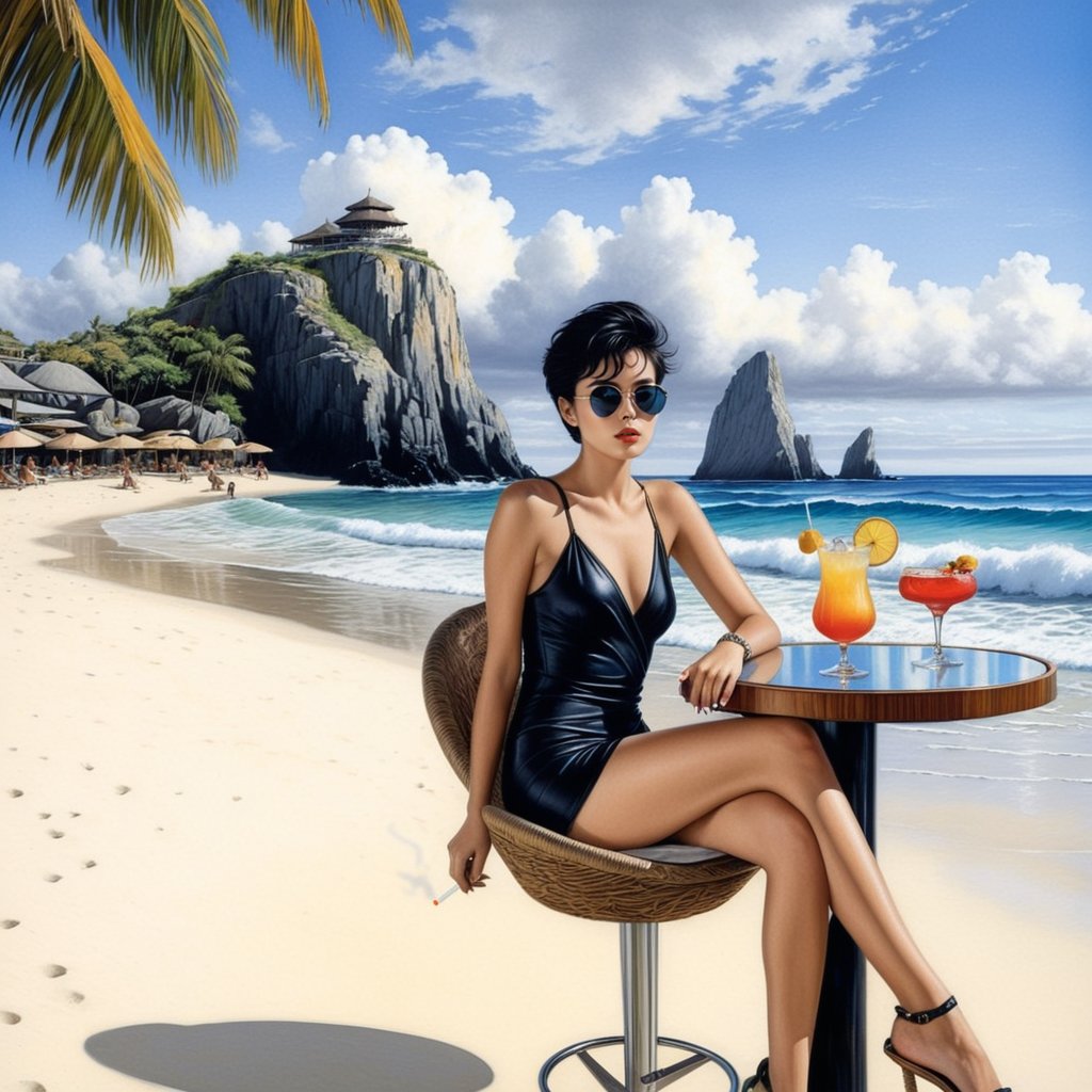 Hyper-Realistic photo of a beautiful girl sitting at a cocktail bar on a beach,  detailed exquisite face,  short black hai...