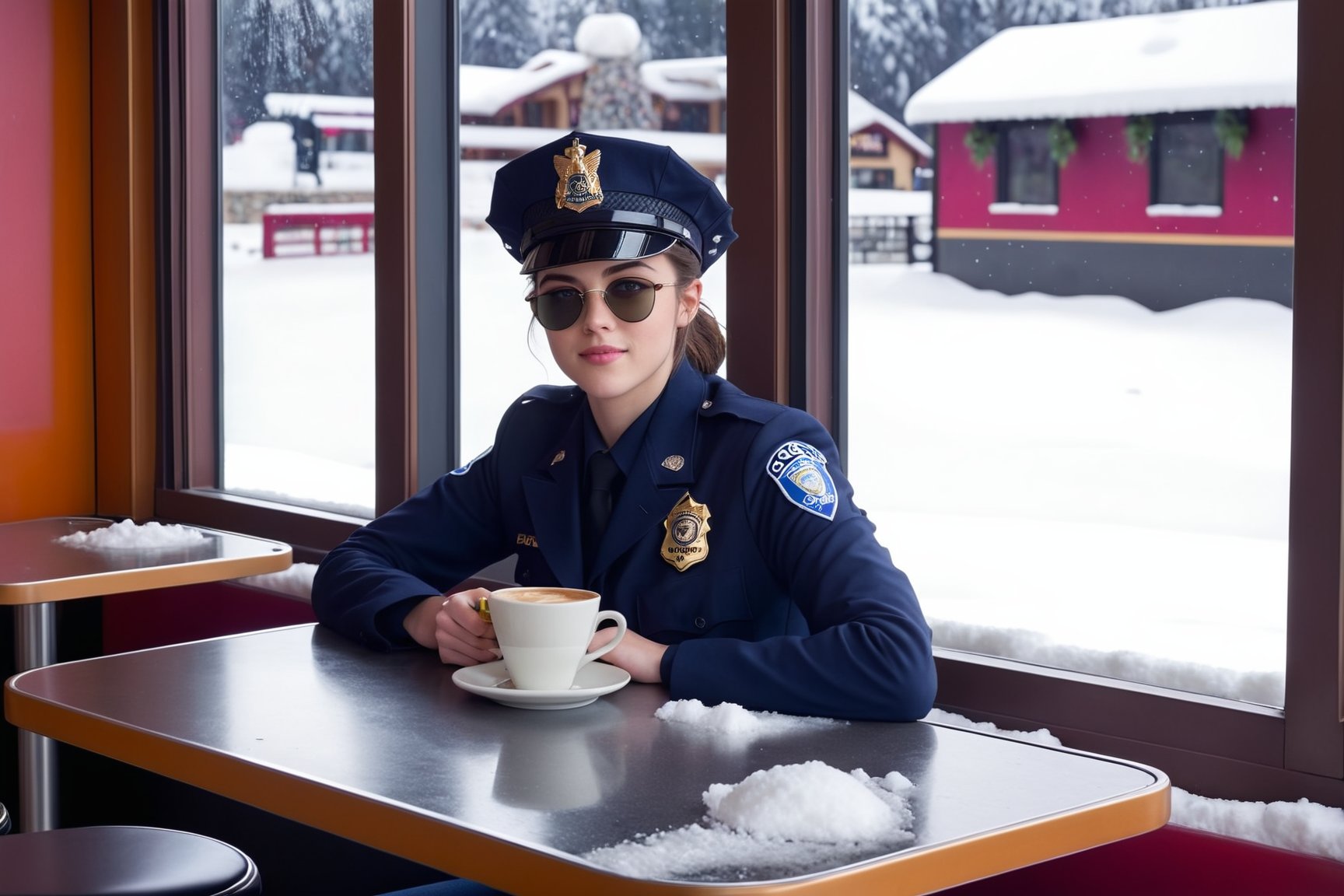 Hyper-Realistic photo of a beautiful LAPD police officer sitting in a cafe in winter resort,20yo,1girl,solo,LAPD police uniform,cap,detailed exquisite face,soft shiny skin,smile,looking at viewer,Kristen Stewart lookalike,cap,sunglasses,fullbody:1.3
BREAK
backdrop:cafe,table,coffee mug,window,snow,road,police car,tree,girl focus,[cluttered maximalism]
BREAK
settings: (rule of thirds1.3),perfect composition,studio photo,trending on artstation,depth of perspective,(Masterpiece,Best quality,32k,UHD:1.4),(sharp focus,high contrast,HDR,hyper-detailed,intricate details,ultra-realistic,kodachrome 800:1.3),(cinematic lighting:1.3),(by Karol Bak$,Alessandro Pautasso$,Gustav Klimt$ and Hayao Miyazaki$:1.3),art_booster,photo_b00ster, real_booster,w1nter res0rt