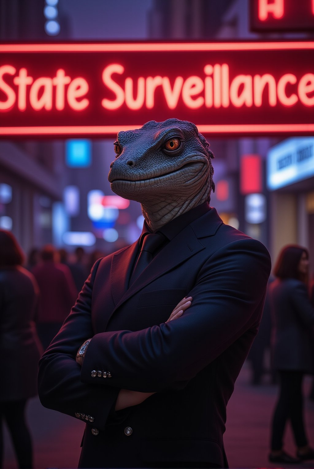 A sleek and imposing reptilian figure, dressed in a sharp suit, stands confidently in front of a crowd. Above it, a glowing neon sign reads 'State Surveillance,' casting an eerie light on the scene. The reptilian’s true face is hidden behind a smiling human mask, projecting an air of charm and authority. While the onlookers are captivated by the charismatic façade, subtle hints of its true nature peek through—the gleam of scales and cold, calculating eyes just visible at the edges of the mask. This scene captures the eerie contrast between the reptilian overlord's deceptive appearance and its sinister intent, embodying the hidden control exerted over humanity.
BREAK
detailed exquisite face,soft shiny skin,realistic,detailed,sharp focus,high contrast,rule of thirds,depth of perspective,award-winning photo,chiaroscuro lighting,ek_g1rl_02,ek_ph0t0_b00ster