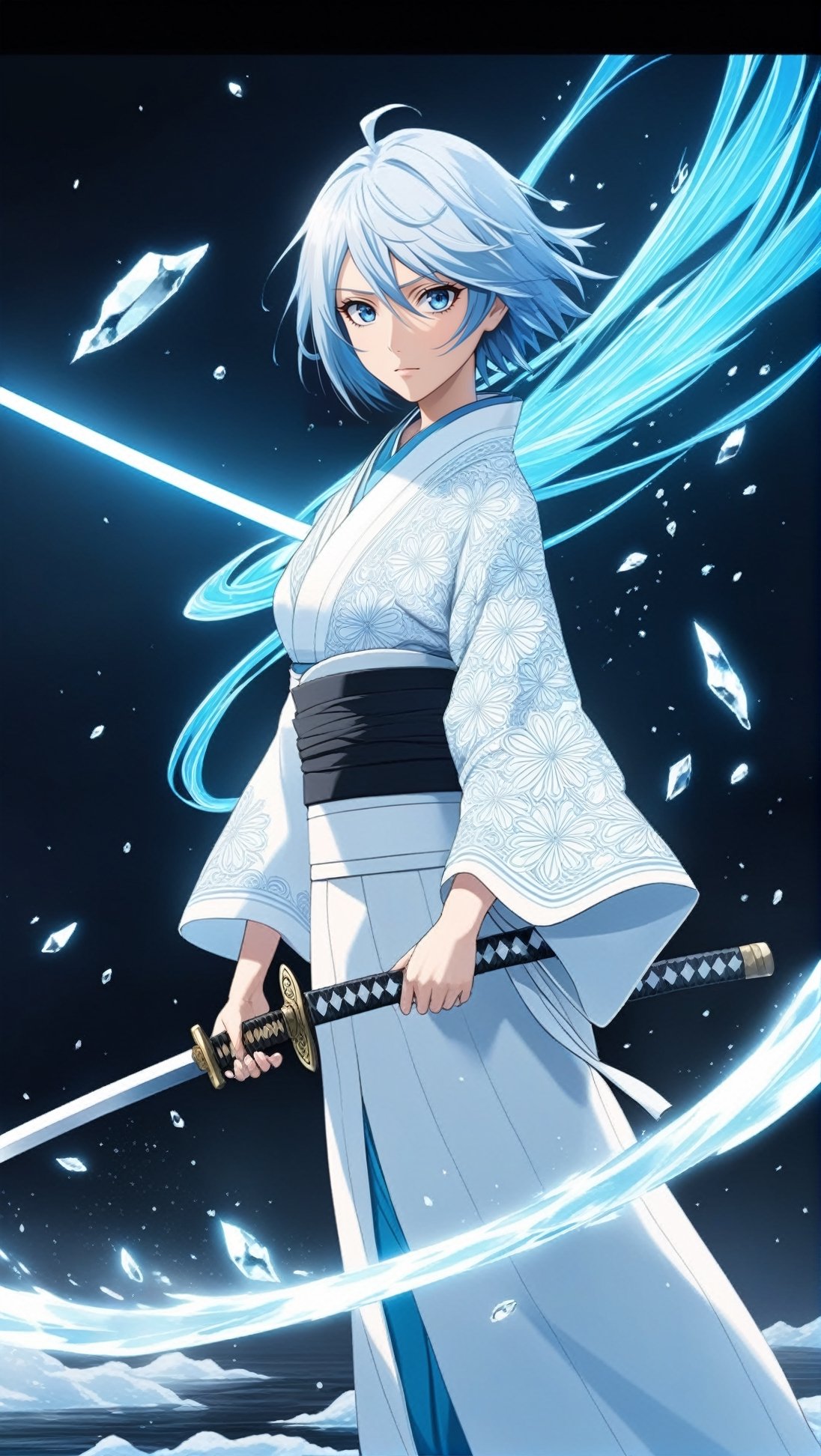 Hyper-detailed anime of 1girl,solo,kuchiki rukia \(Bleach\),short hair,blue eyes,light blue hair,model body,perfect female form,fairy-like,weapon,(White japanese clothes:1.3),sword,swinging sword,cloud,(Mysterious white Majestic luxurious and emitting kimono for royalty:1.3),flowing lines from clothes,ice pieces,bankai force \(Bleach\),ice smoke,strong aura,white ice and snow,holy atmosphere,mesmerizing,katana,letterboxed,fullbody,low-key,cluttered maximalism
BREAK 
(rule of thirds:1.3),perfect composition,trending on artstation,(thick and clear drawing lines:1.3),(masterpiece,best quality,32K,UHD,sharp focus,high contrast,hyper-detailed,intricate details,ultra-clear,cinematic lighting,vivid colors:1.5),ani_booster, real_booster