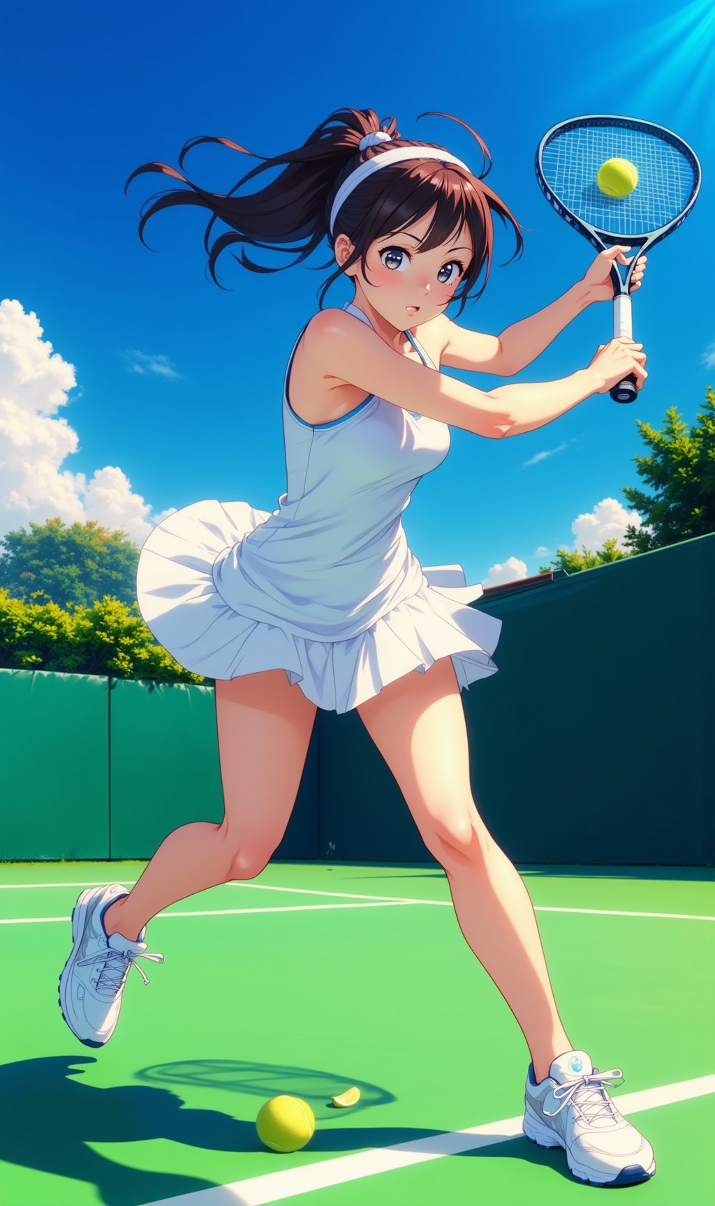 Anime of a graceful woman stands mid-motion on a pristine tennis court,  her athletic figure poised as she swings her rack...