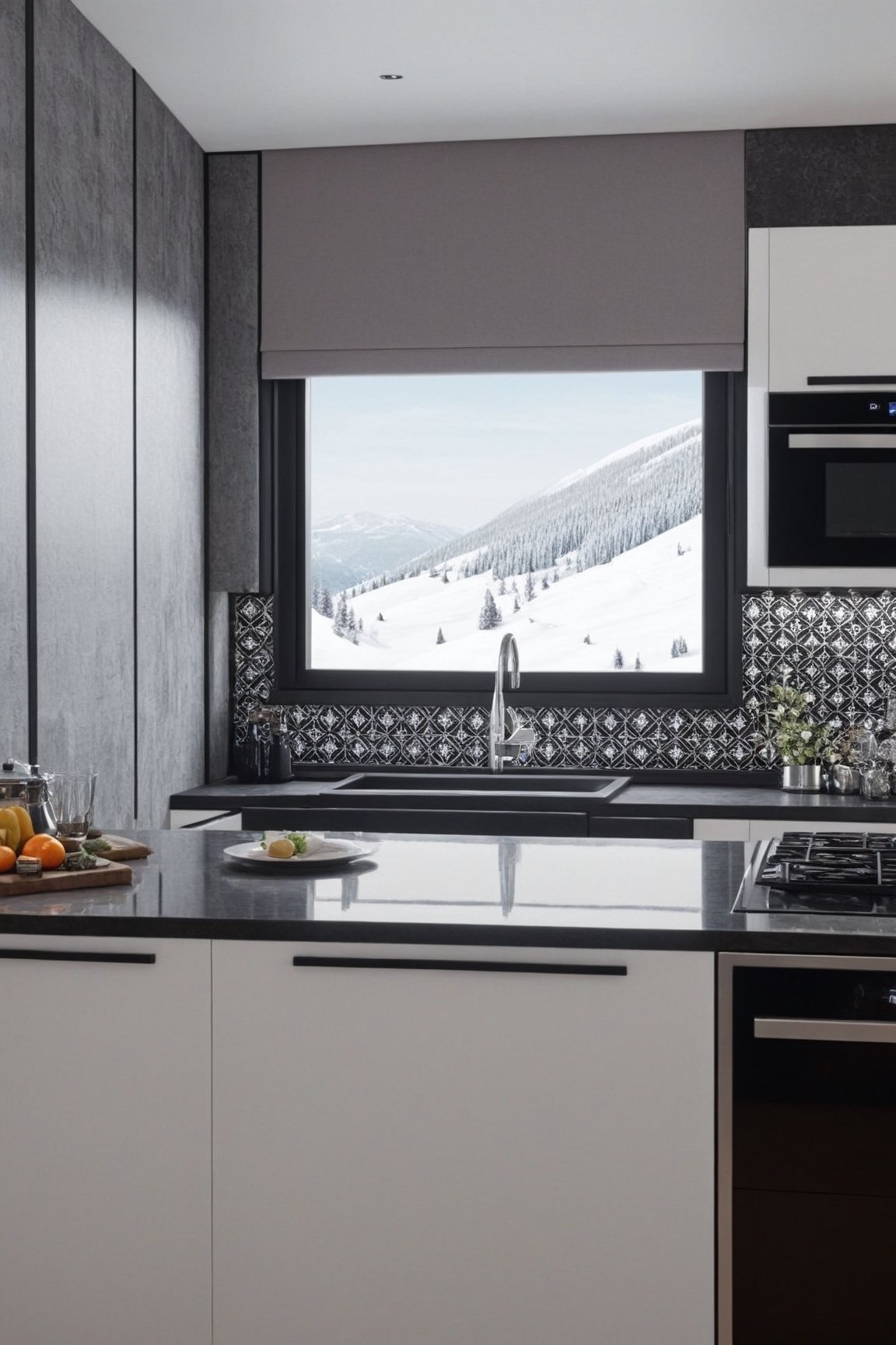 A realistic photo of luxurious modern kitchen in a cabin of winter resort,countertop,electric stove,cabinet,dining table with 4 chairs,tiled wall,refrigerator,window,curtains,lamp,door, black and white color
BREAK
(hyper detailed,16K,HDR,hyper-realistic,sharp focus,high contrast,kodachrome 800:1.2),w1nter res0rt,H effect,art_booster,ani_booster