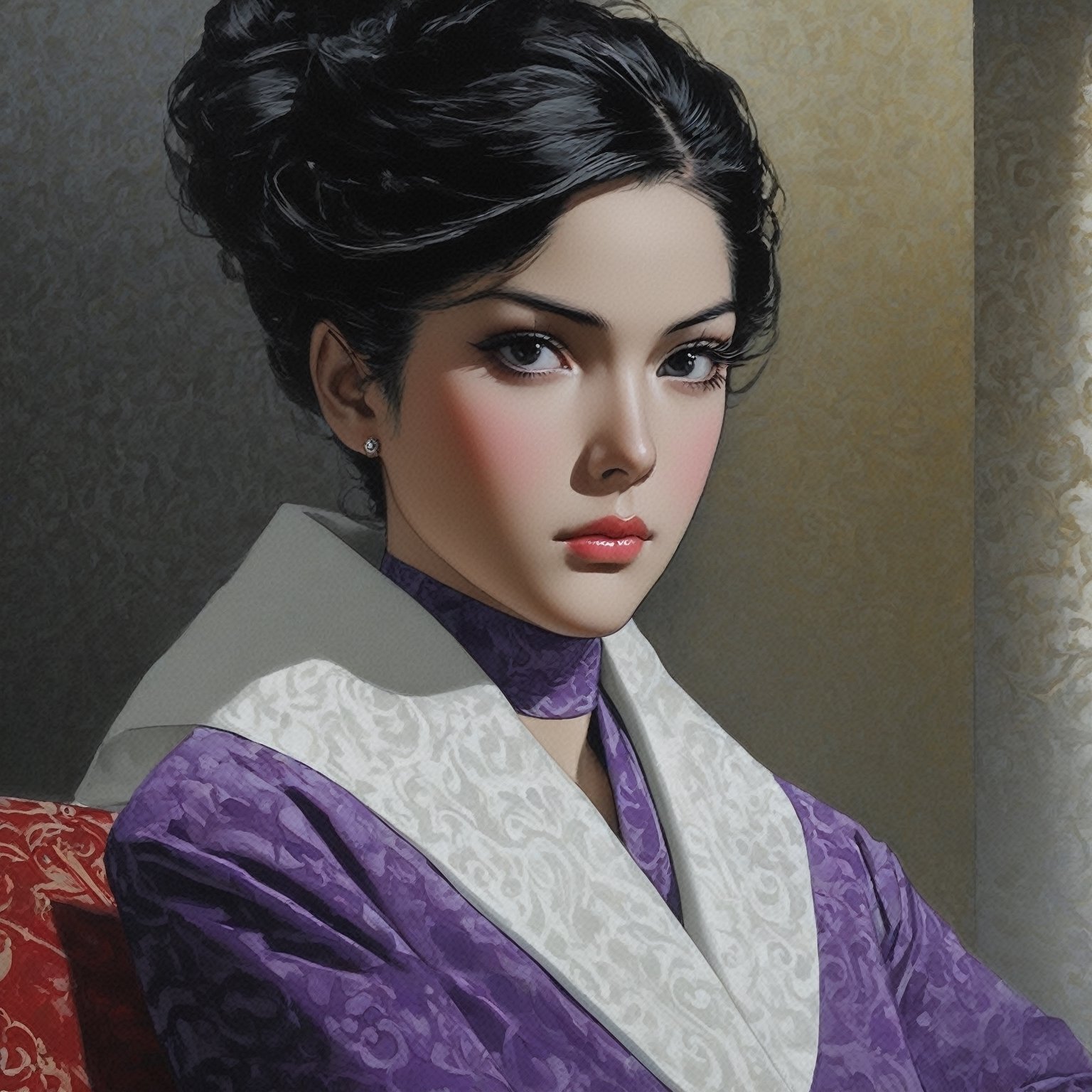 portrait of a sophisticated girl,20yo,sitting in cafe,alluring neighbor's wife,clear facial features,detailed exquisite face,perfect female form,hourglassfigure,elegant jacket on dress,detailed backdrop,(Flamingo Pink,Stained Beige,Purple Gray,Creamy White color),
trending on artstation,perfect composition,cinematic lighting,anime vibes, Kugisaki nobara,(close up),by Karol Bak, Alessandro Pautasso and Hayao Miyazaki
BREAK A realistic photo of modern luxury cafe in winder resort1,snow,tree,winter resort1