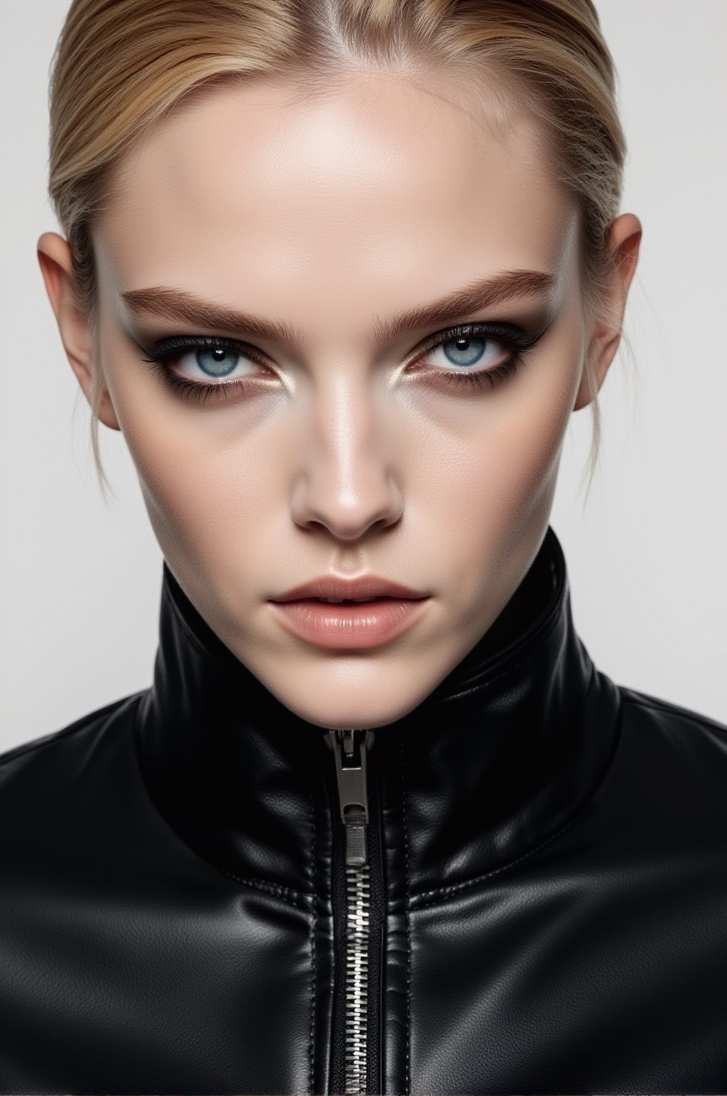 a dramatic close-up fashion editorial portrait of a chic woman with higher cheekbones,  a defined jawline,  sharp almond-s...