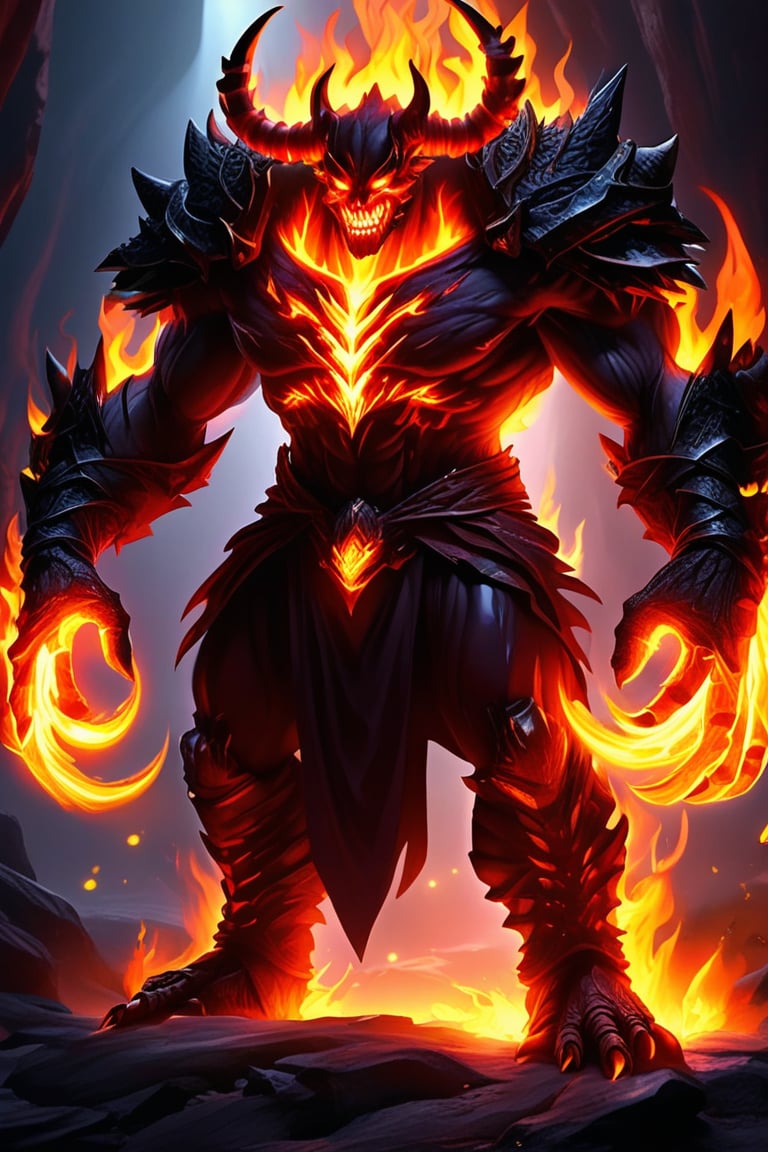 a devil monster stands in dark cave. He uses the magic ring and turns into the ultimate form of a fire magic \(ek_ge1frt\)...