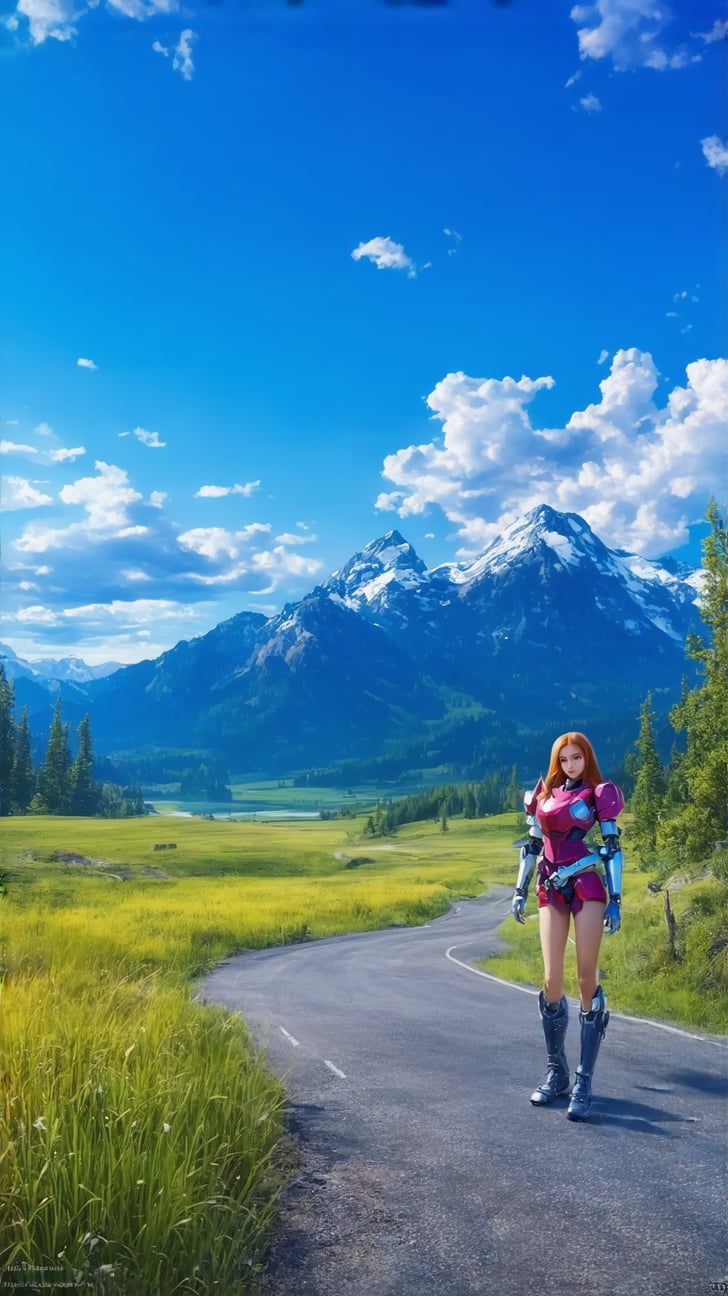 ((Hyper-Realistic)) photo of a cyborg girl standing in lamar valley of Yellowstone,20yo,American girl,clear facial features,model body,detailed hair,vibrant colors,perfect body proportions,(highly detailed form-fitting mecha armor),(backdrop:lamarva11ey,outdoors,sky,day, cloud,tree,cloudy sky,grass,nature, beautiful scenery,mountain,winding road,landscape, american bisons,(girl focus)
BREAK 
anime vibes,(fullbody wide shot),rule of thirds,studio photo,(masterpiece,sharp focus,high contrast,HDR, trending on artstation,8K,Hyper-detailed,intricate details,hyper realistic:1.3),cinematic lighting,by Karol Bak, Alessandro Pautasso, Hayao Miyazaki,Ye11owst0ne,ek_real_b00ster,ek_photo_booster