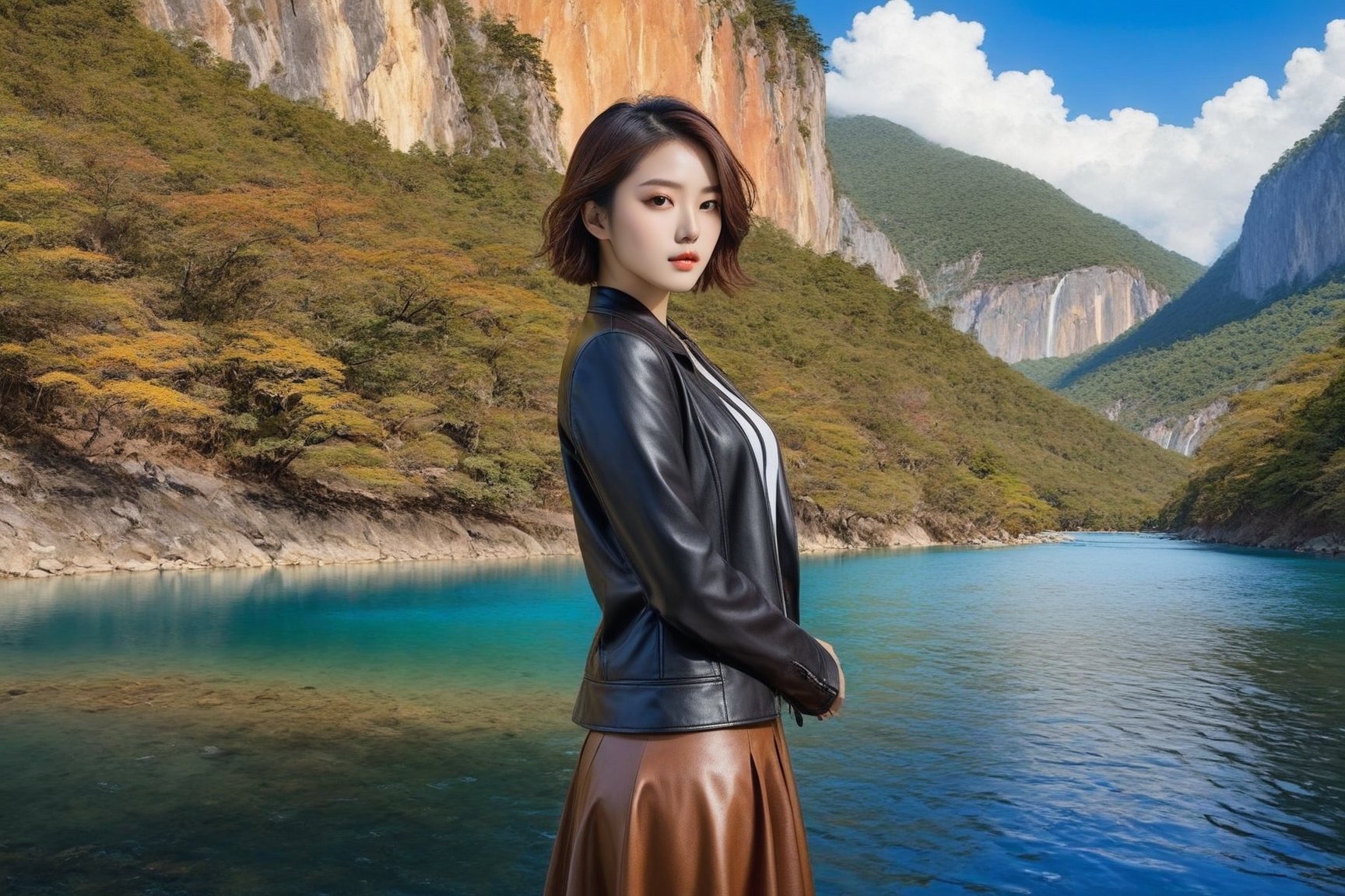 ((Hyper-Realistic)) photo of a beautiful girl standing in a national park,(kirishima touka),20yo,detailed exquisite face,detailed soft skin,hourglass figure,perfect female form,model body,(perfect hands:1.2),(elegant jacket, shirt and skirt),(backdrop: beautiful mountain with river,lake,tree, forest,rock and reflection in water),v1sta1
BREAK 
aesthetic,rule of thirds,depth of perspective,perfect composition,studio photo,trending on artstation,cinematic lighting,(Hyper-realistic photography,masterpiece, photorealistic,ultra-detailed,intricate details,16K,sharp focus,high contrast,kodachrome 800,HDR:1.2),by Karol Bak,Gustav Klimt and Hayao Miyazaki, real_booster,art_booster,ani_booster,y0sem1te,H effect