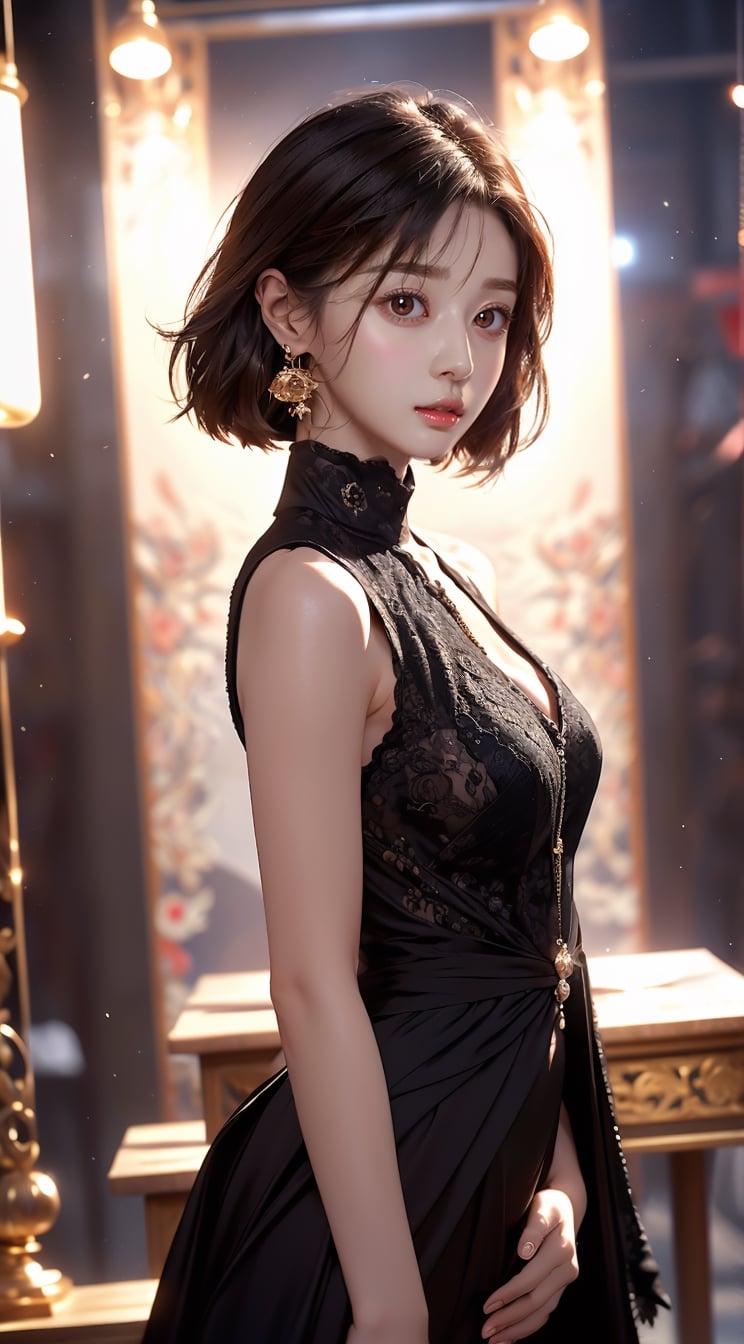 (masterpiece,best quality,ultra-detailed,16K,intricate, realistic,high contrast,photorealistic,HDR,vibrant colors,RAW photo), rule of thirds,a sophisticated girl in photo studio,23yo,black bobcut blowing,earrings, jewelry, detailed exquisite symmetric face,elegant winter clothes,looking at viewer, detailed soft skin,shiny skin,smile,alluring neighbor's wife,cinematic lighting,rembrandt lighting, full body shot,sideshot,wide shot, cinematic shot,1 girl,High detailed ,Color magic,Color Booster,kwon-nara,midjourney