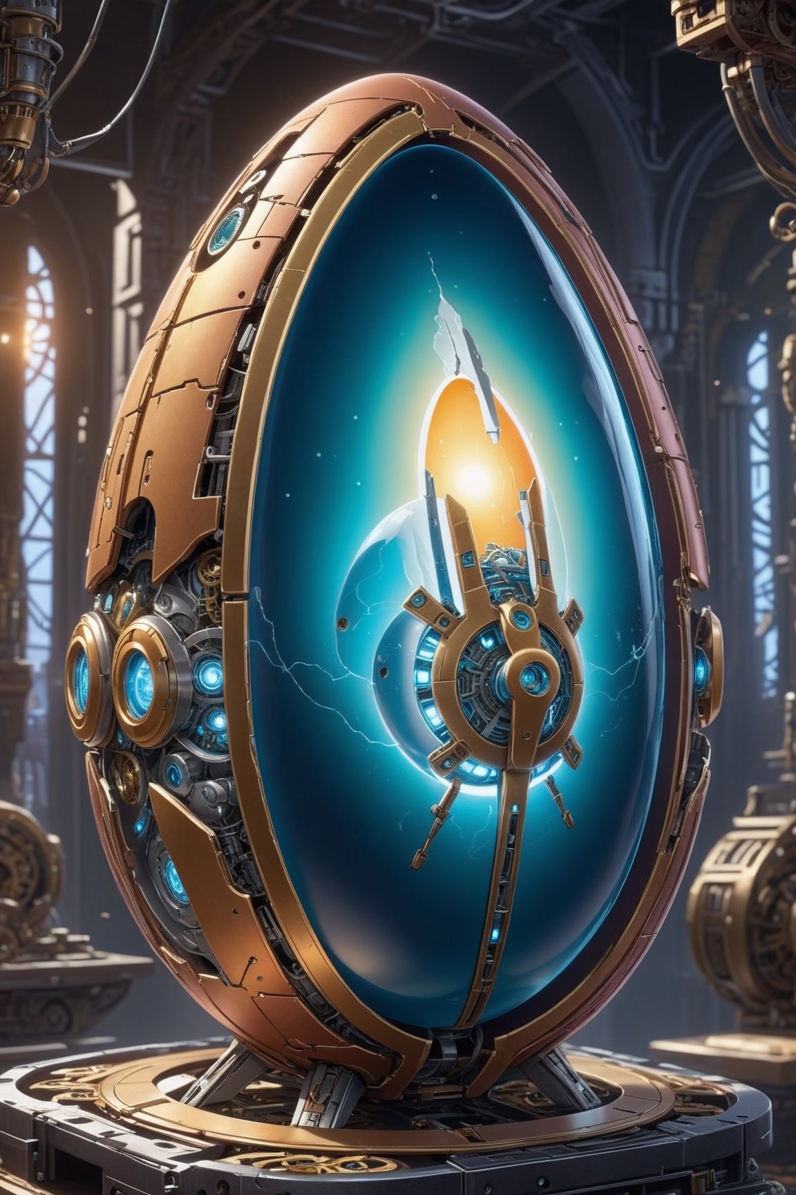 Highly detailed anime of a futuristic mechnical Egg in a secret spaceship,(beautiful angel's hand with vibrant lights stretched out of the broken shell:1.2),intricate machine parts,(the egg shell is partially broken and open),(Some surfaces are transparent, revealing the light from within),(Intense light seeping through the opening of mechanical parts and broken holes:1.2),steampunk,cyberpunk,vibrant colors,(Disney Pixar-style:1.3)
BREAK 
(anime vibes:1.3),rule of thirds,studio photo,(masterpiece,best quality,trending on artstation,8K,Hyper-detailed,intricate details:1.3),cinematic lighting,aesthetic maximalism,by Karol Bak,Antonio López,Gustav Klimt and Hayao Miyazaki, ani_booster,real_booster,art_booster,photo_b00ster